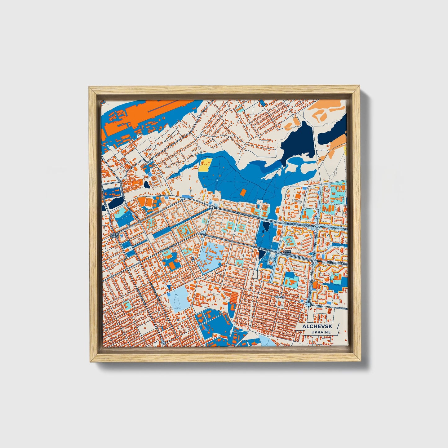 Алчевськ Ukraine Colorful City Map Canvas Print • Natural Wooden Framed