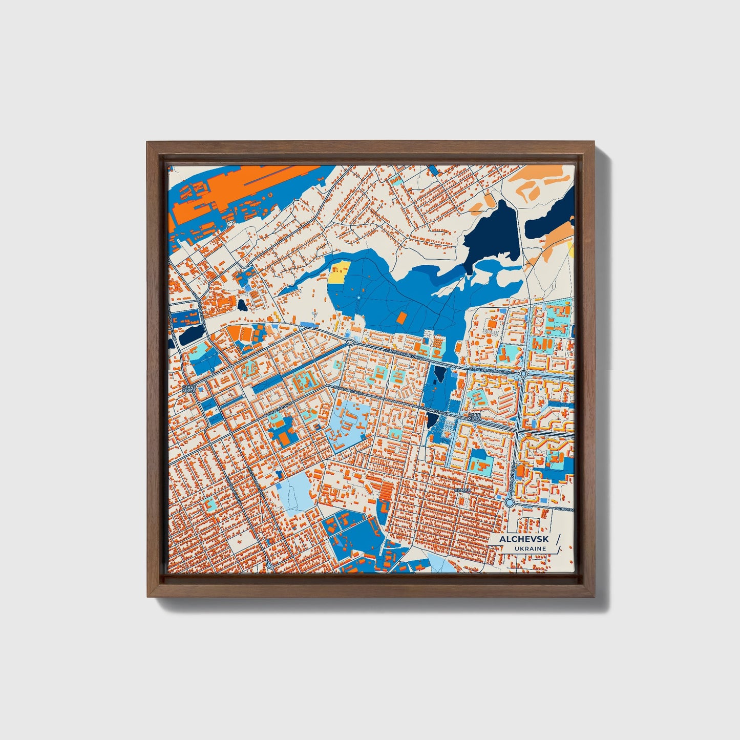 Алчевськ Ukraine Colorful City Map Canvas Print • Dark Wooden Framed