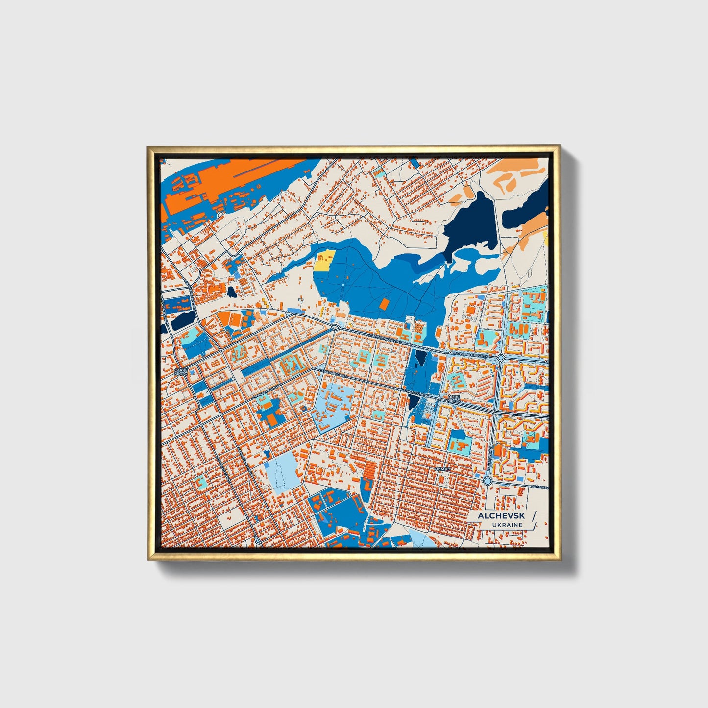Алчевськ Ukraine Colorful City Map Canvas Print • Gold Framed