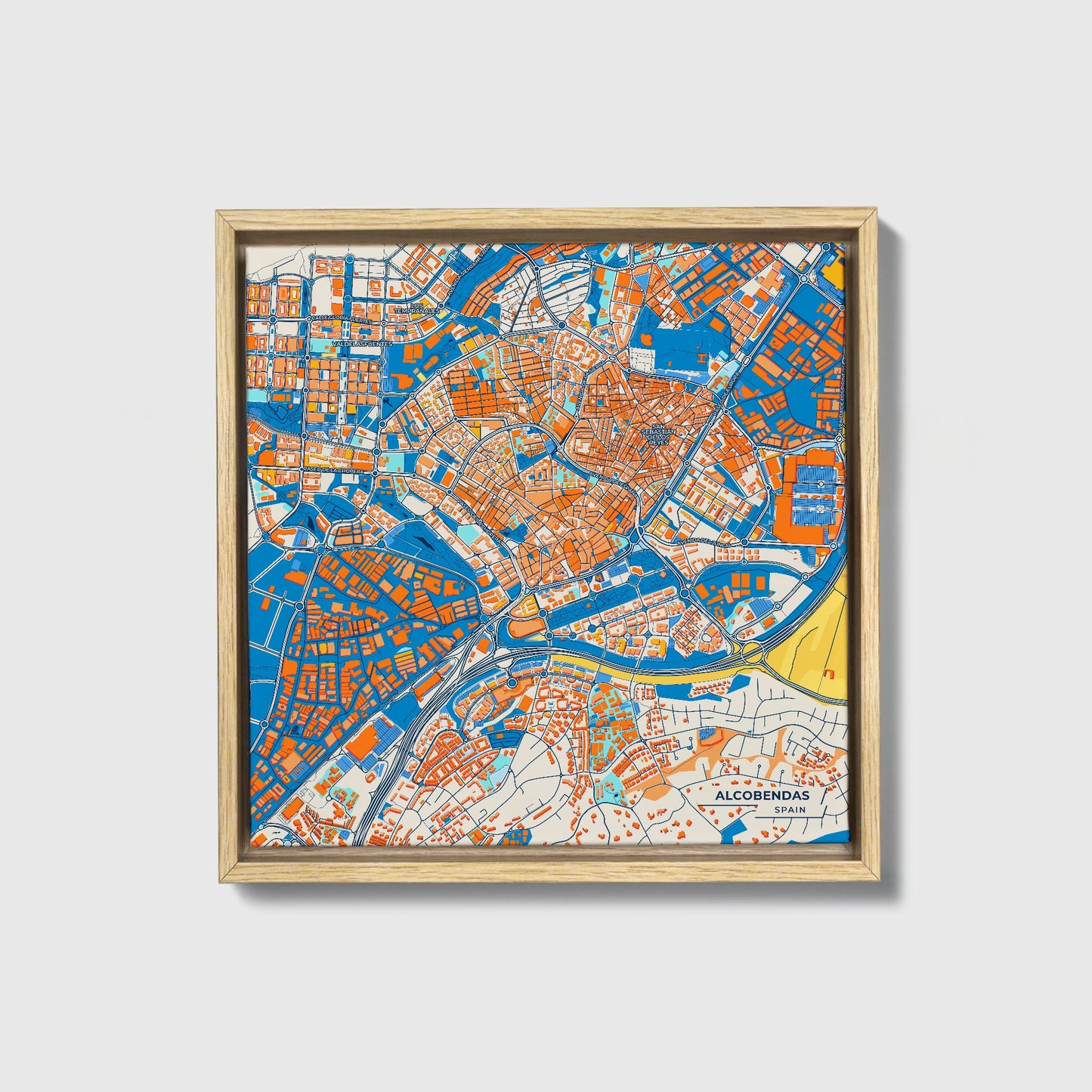 Alcobendas Spain Colorful City Map Canvas Print • Natural Wooden Framed