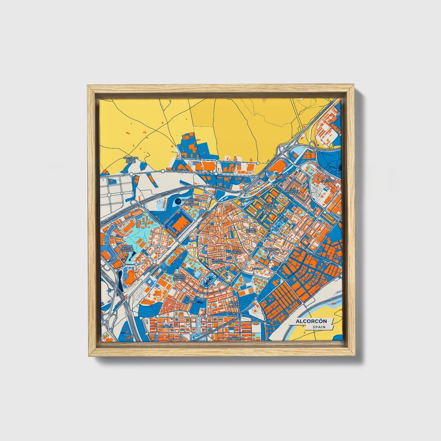 Alcorcón Spain Colorful City Map Canvas Print • Natural Wooden Framed