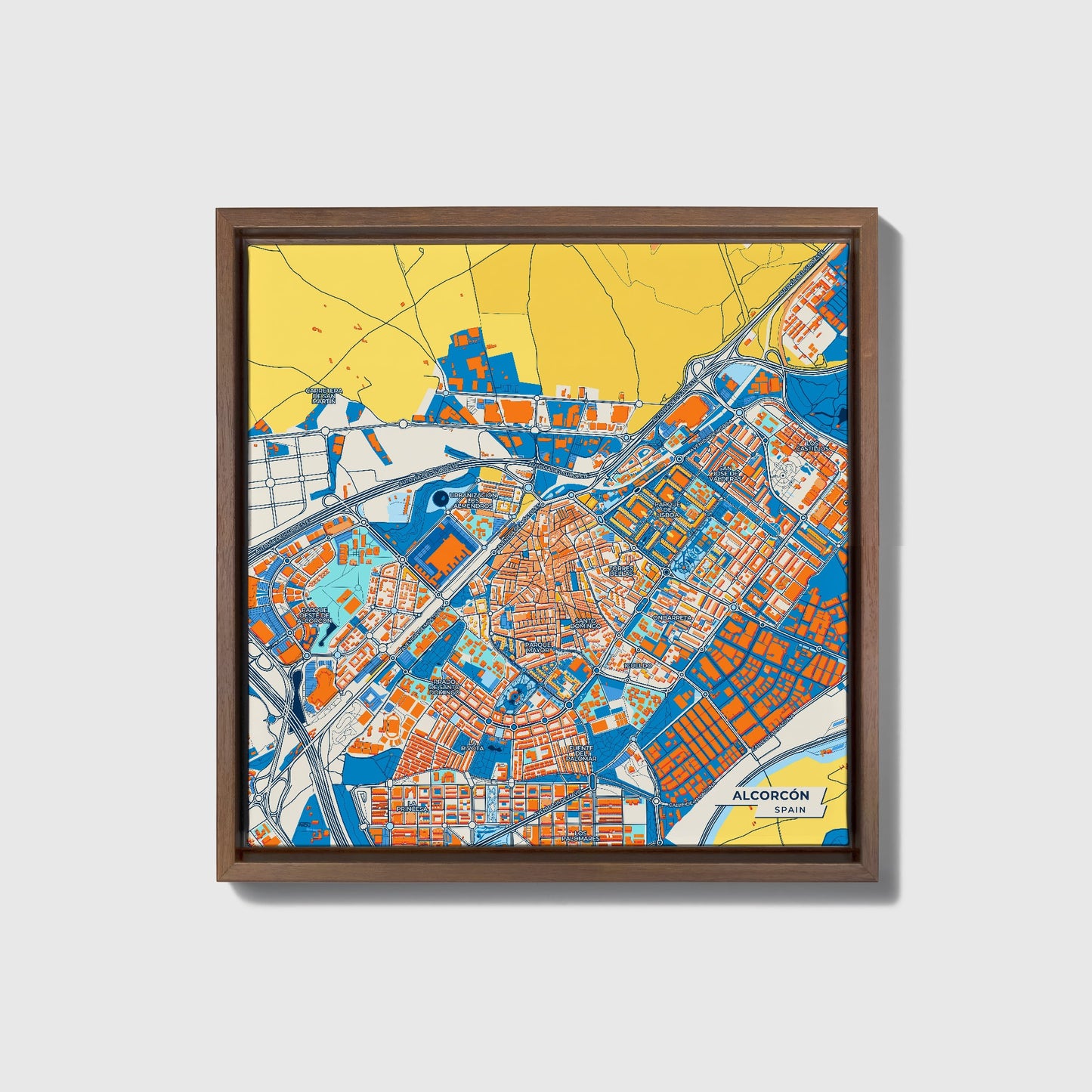 Alcorcón Spain Colorful City Map Canvas Print • Dark Wooden Framed