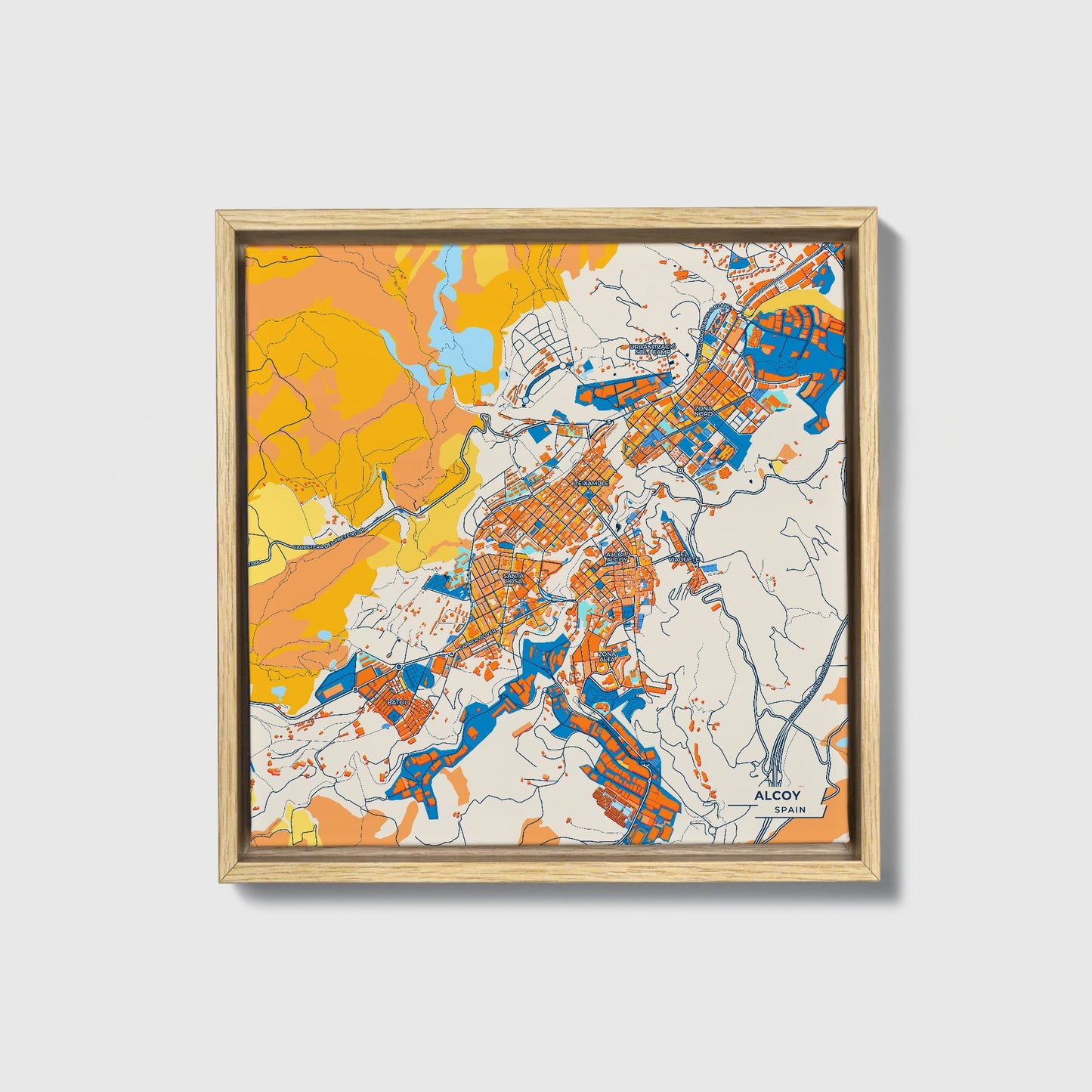 Alcoy Spain Colorful City Map Canvas Print • Natural Wooden Framed