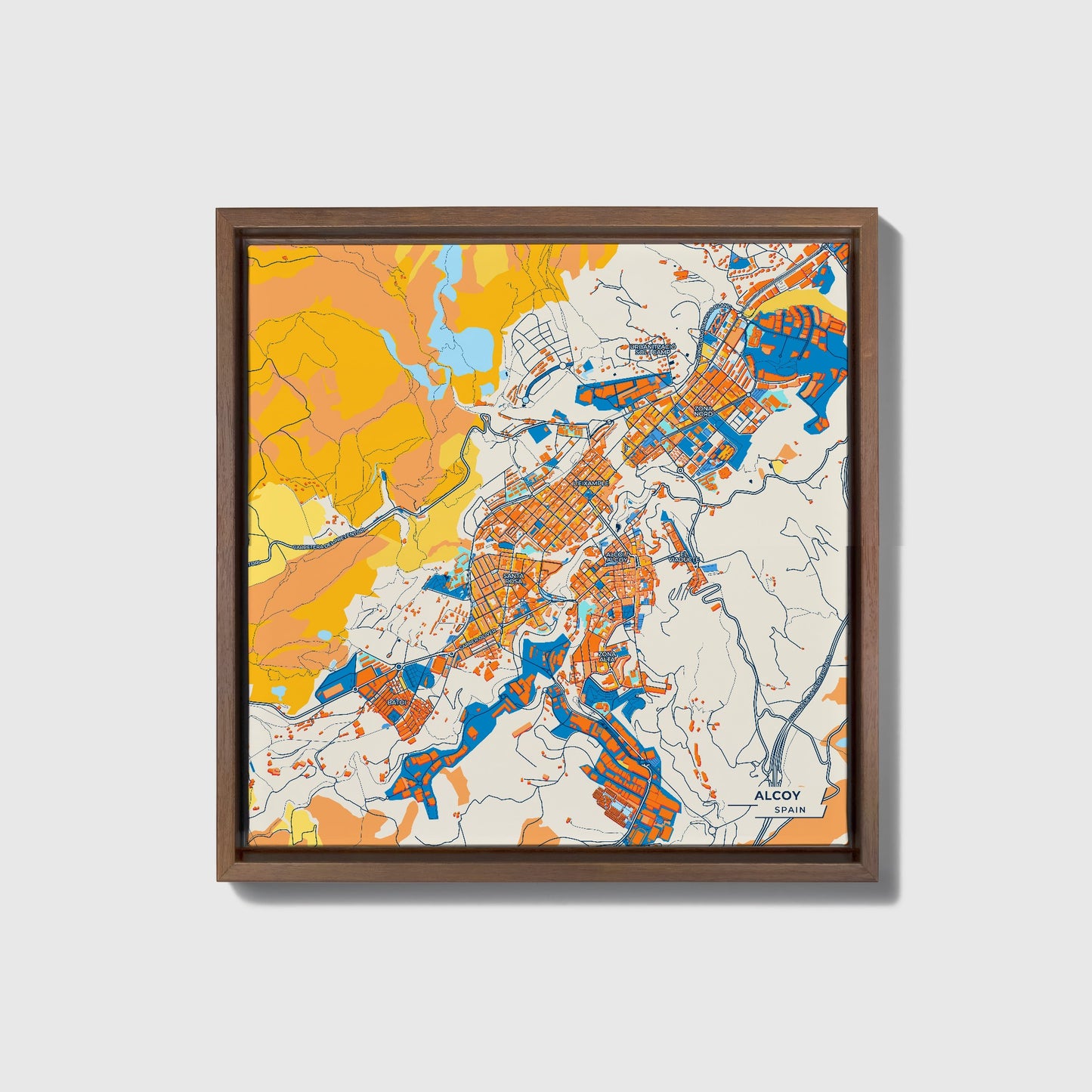 Alcoy Spain Colorful City Map Canvas Print • Dark Wooden Framed