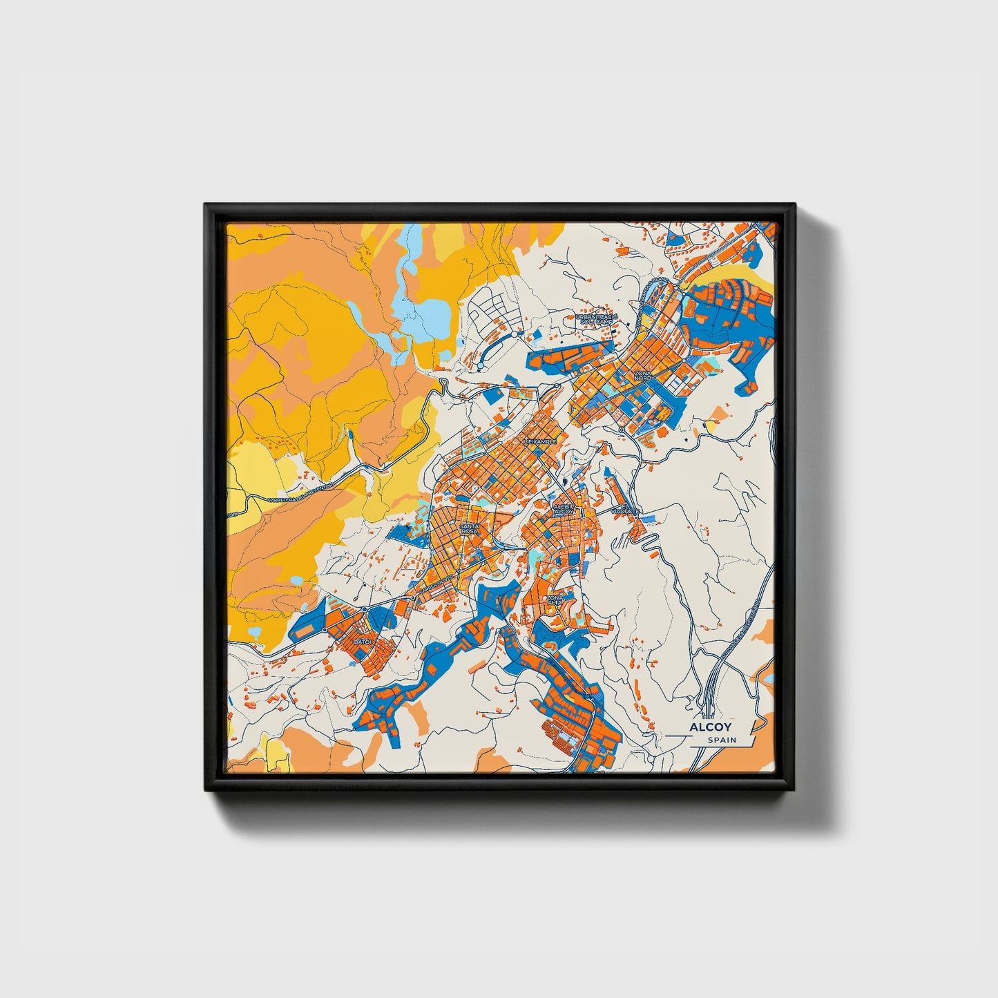 Alcoy Spain Colorful City Map Canvas Print • Black Framed