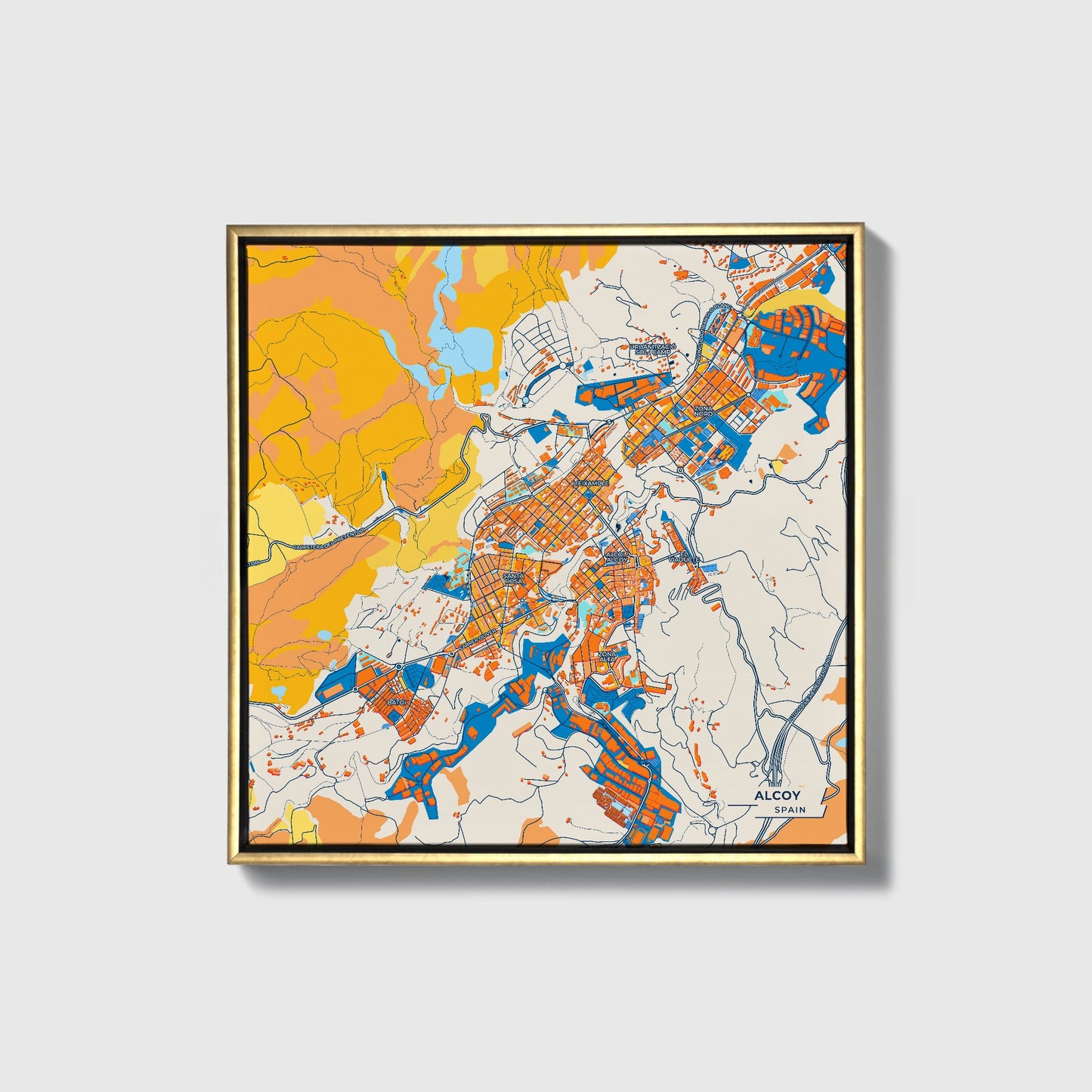 Alcoy Spain Colorful City Map Canvas Print • Gold Framed