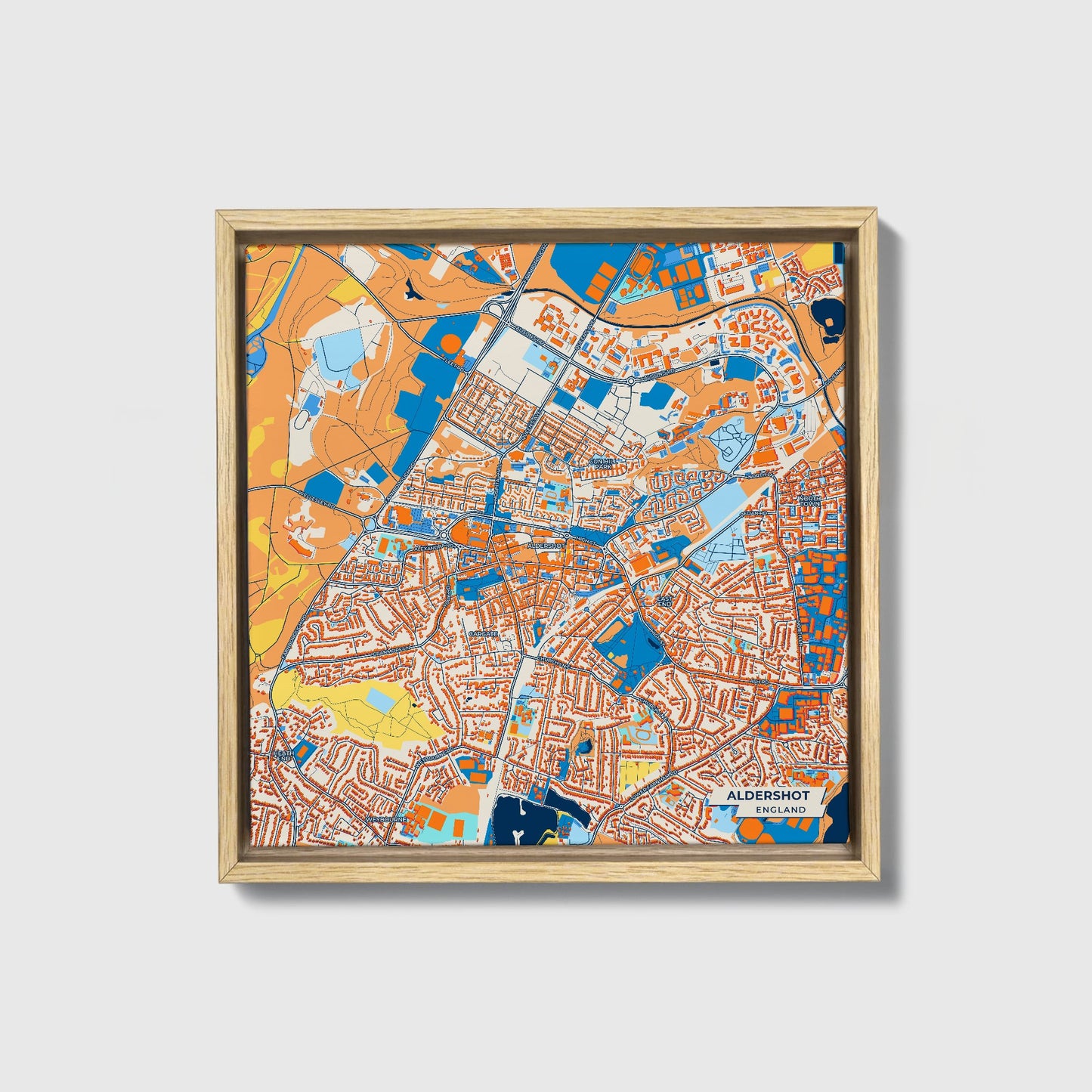 Aldershot England Colorful City Map Canvas Print • Natural Wooden Framed