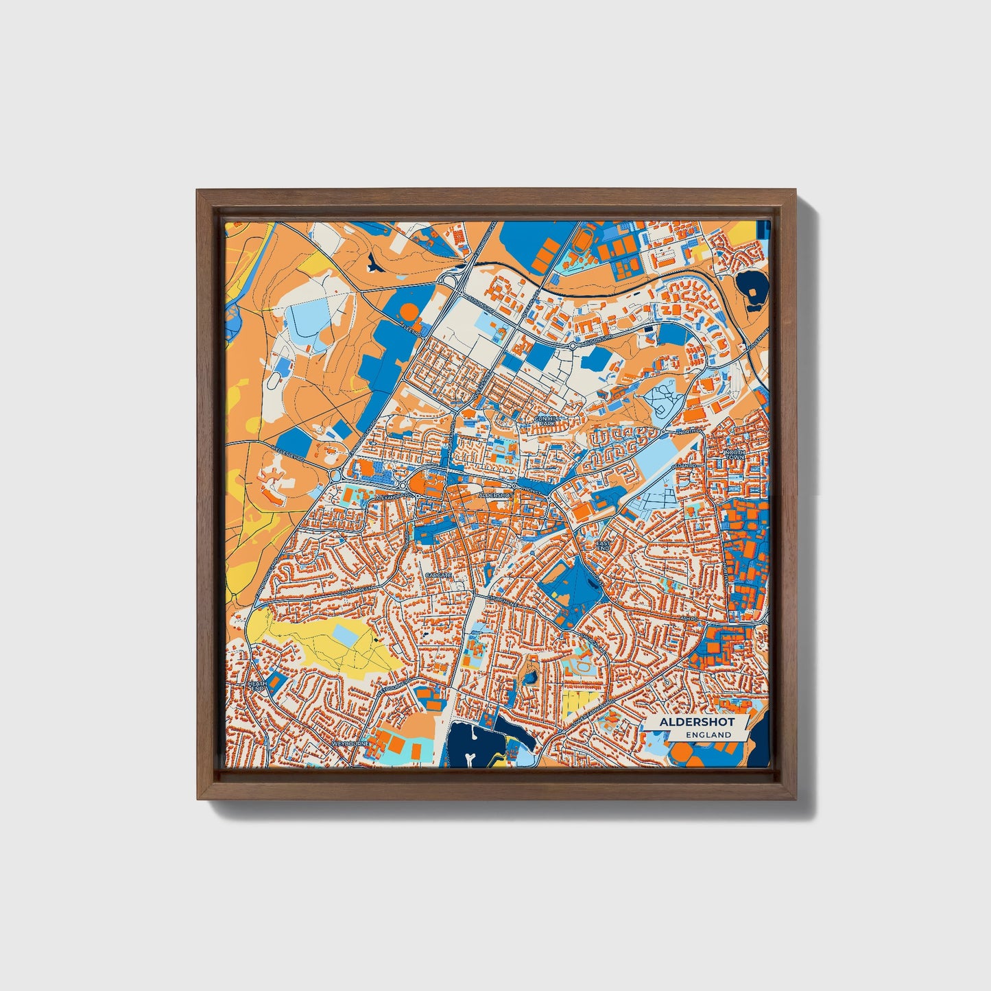 Aldershot England Colorful City Map Canvas Print • Dark Wooden Framed