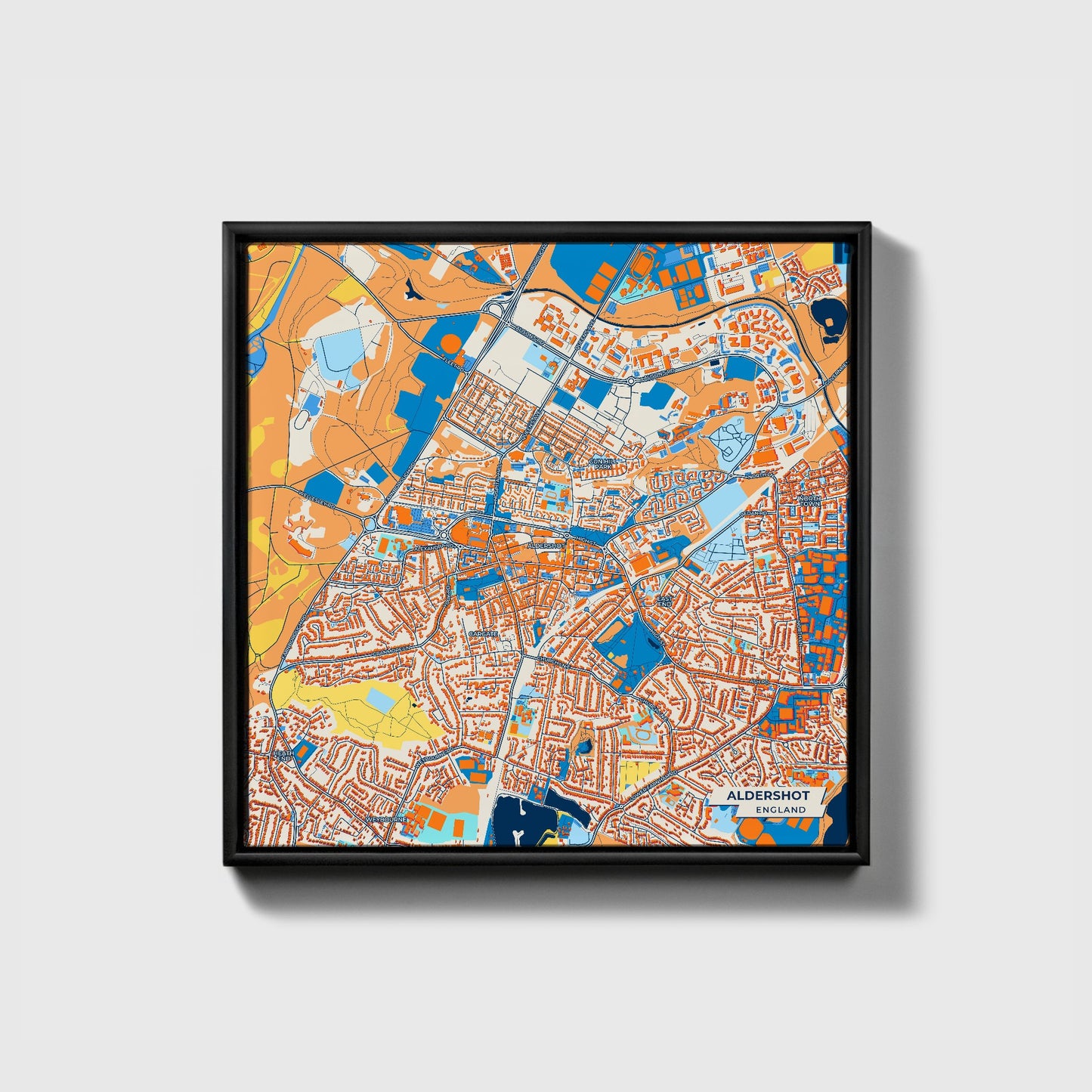Aldershot England Colorful City Map Canvas Print • Black Framed