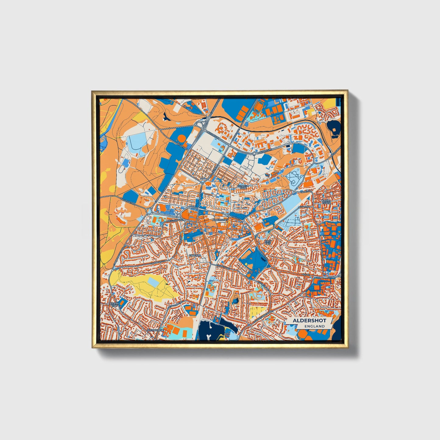 Aldershot England Colorful City Map Canvas Print • Gold Framed
