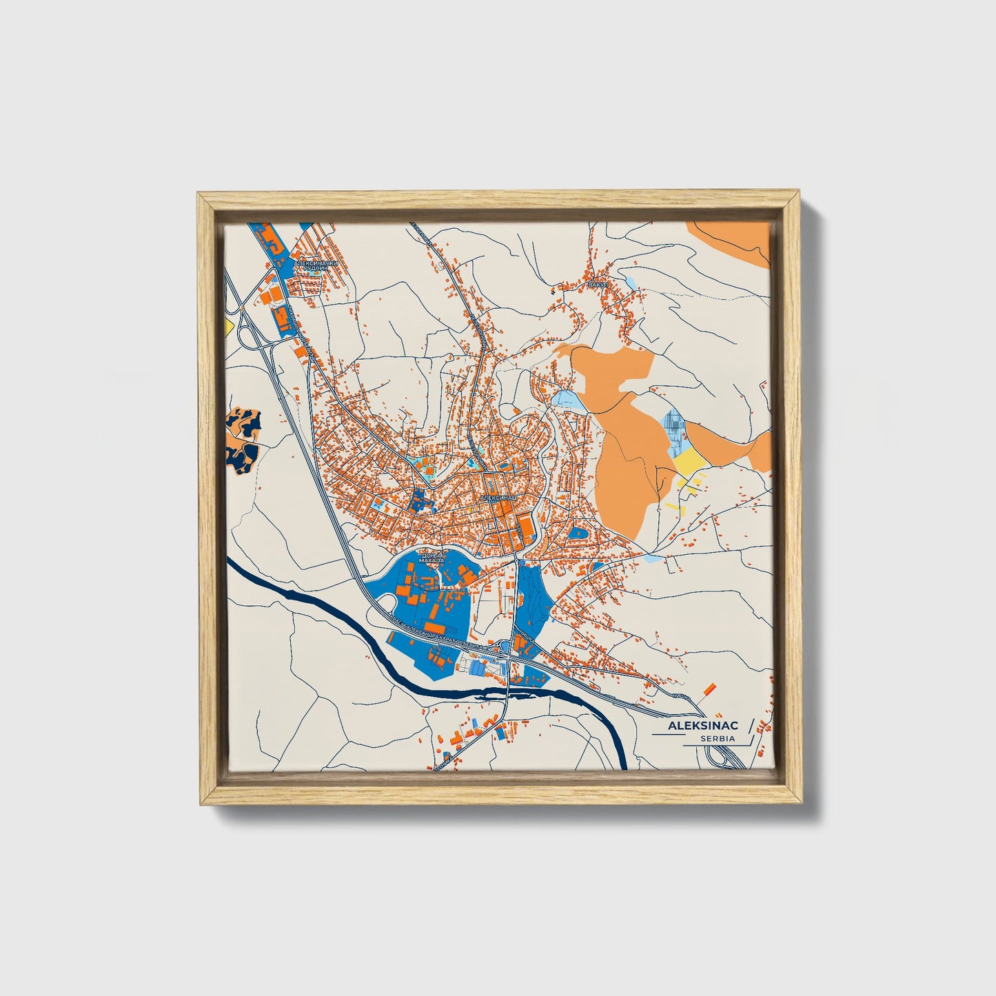 Алексинац Serbia Colorful City Map Canvas Print • Natural Wooden Framed