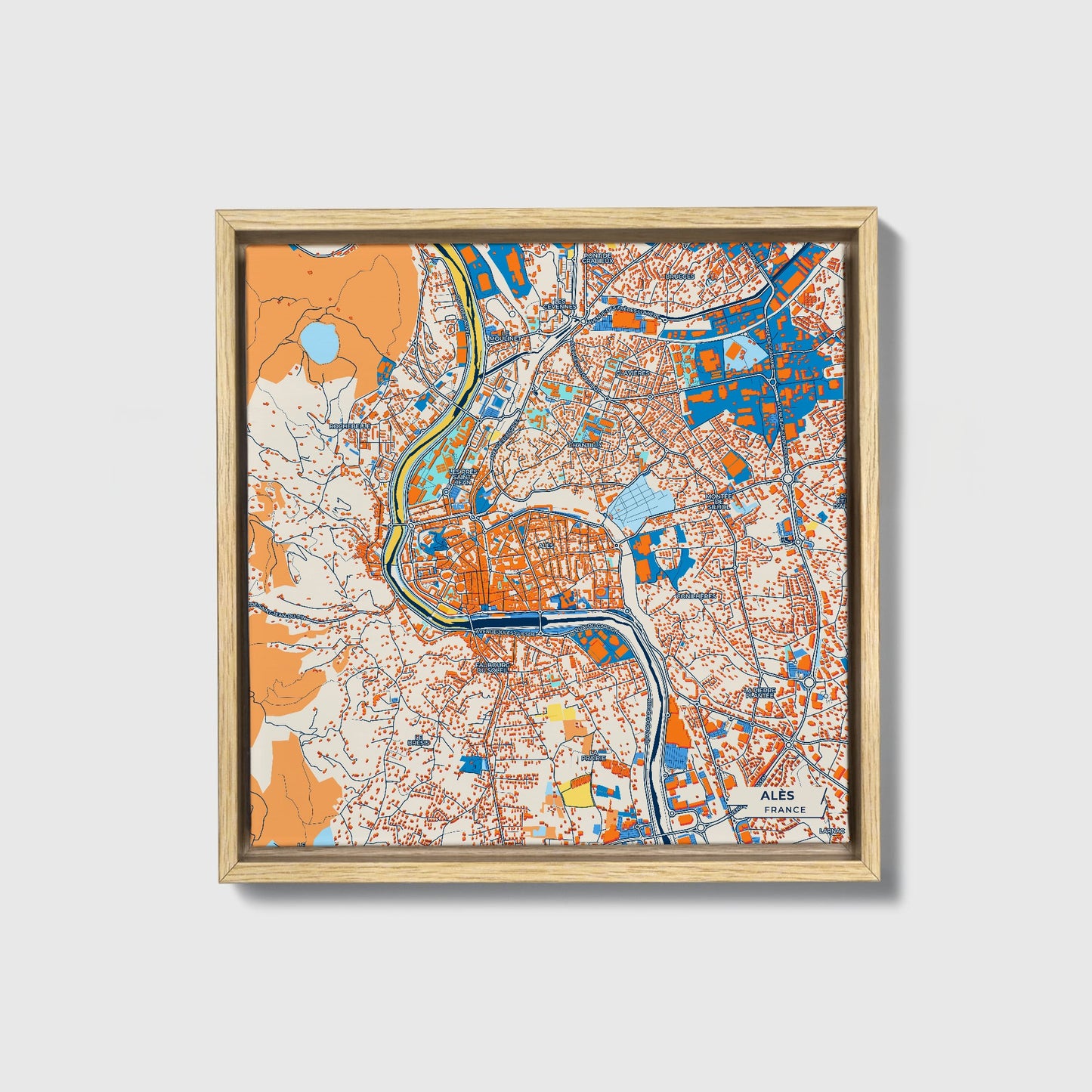 Alès France Colorful City Map Canvas Print • Natural Wooden Framed