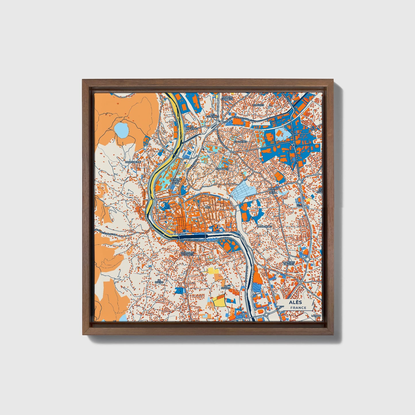 Alès France Colorful City Map Canvas Print • Dark Wooden Framed