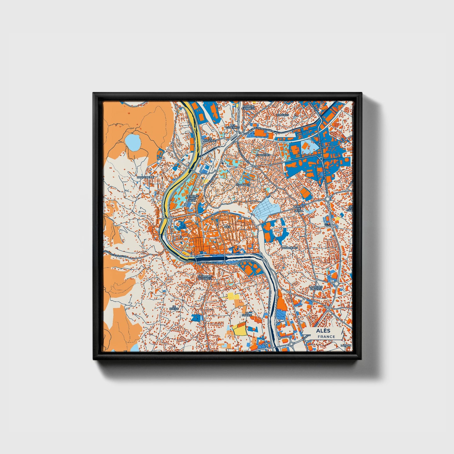 Alès France Colorful City Map Canvas Print • Black Framed
