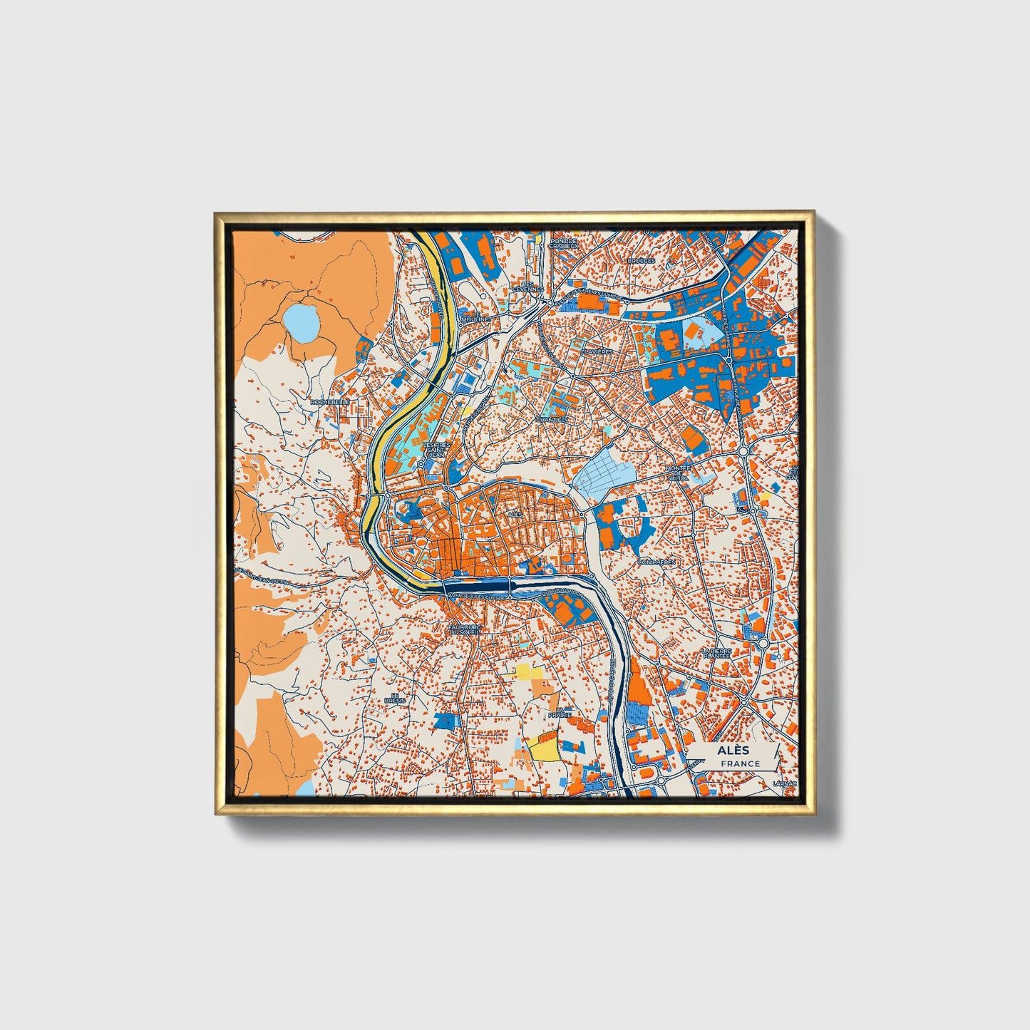 Alès France Colorful City Map Canvas Print • Gold Framed