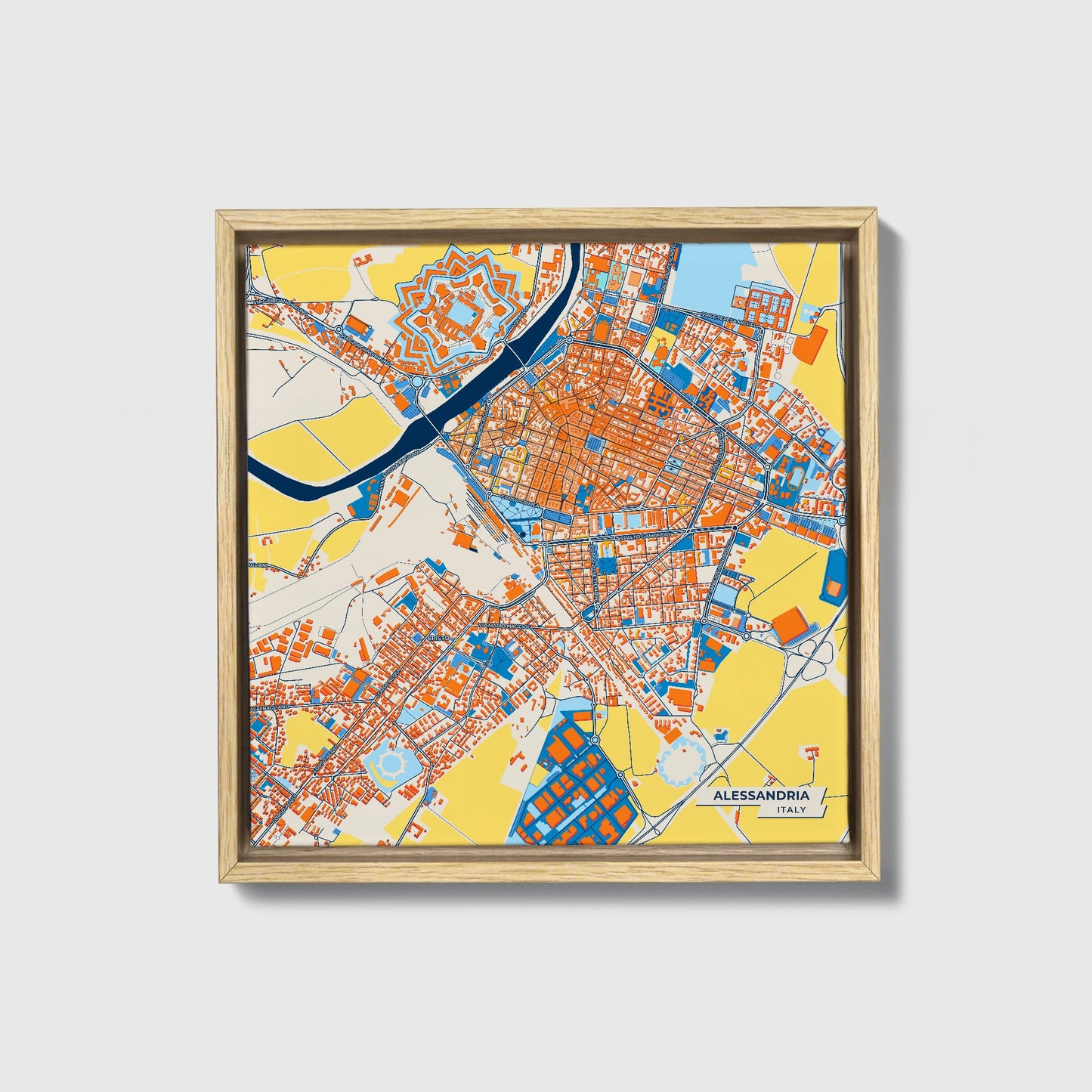 Alessandria Italy Colorful City Map Canvas Print • Natural Wooden Framed
