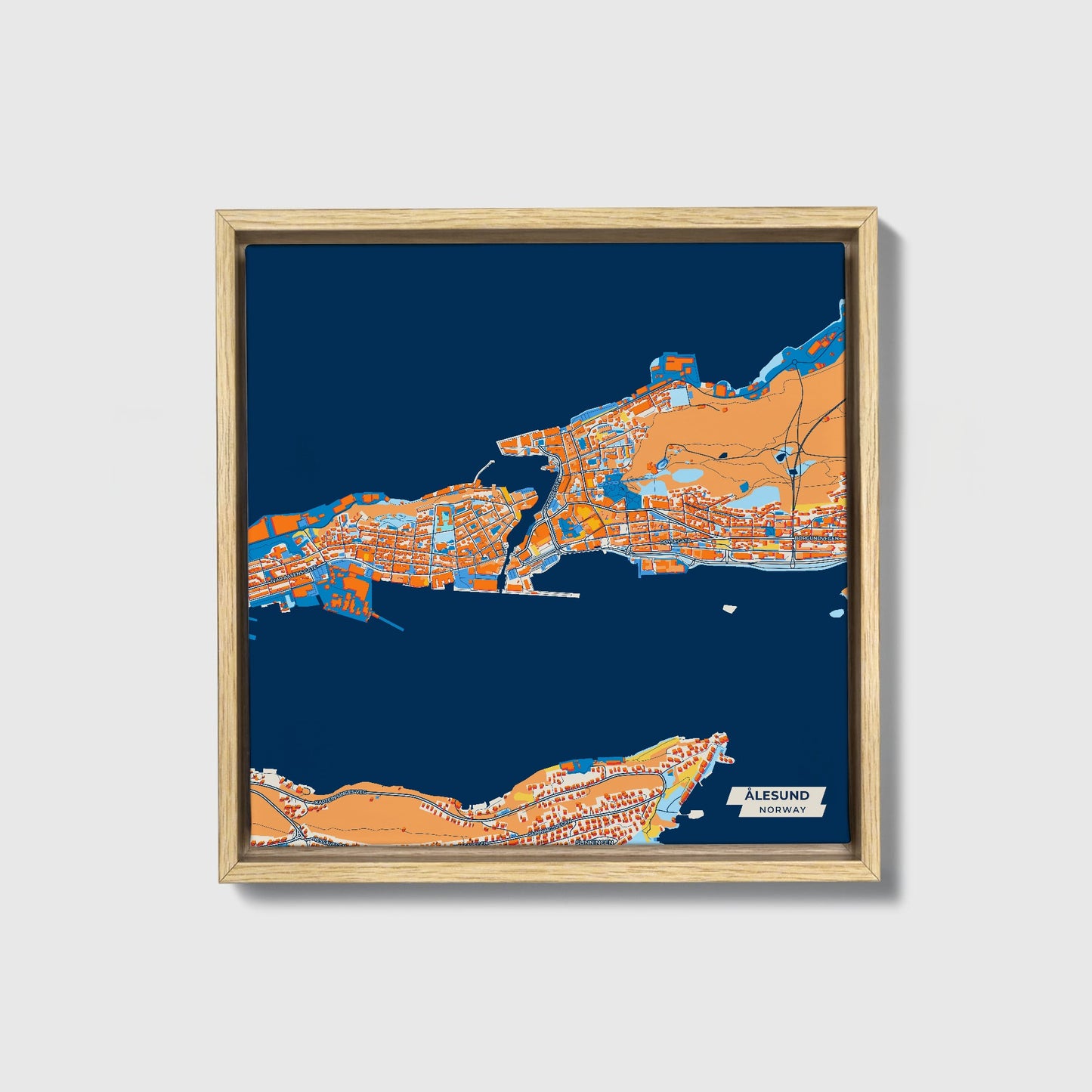 Ålesund Norway Colorful City Map Canvas Print • Natural Wooden Framed