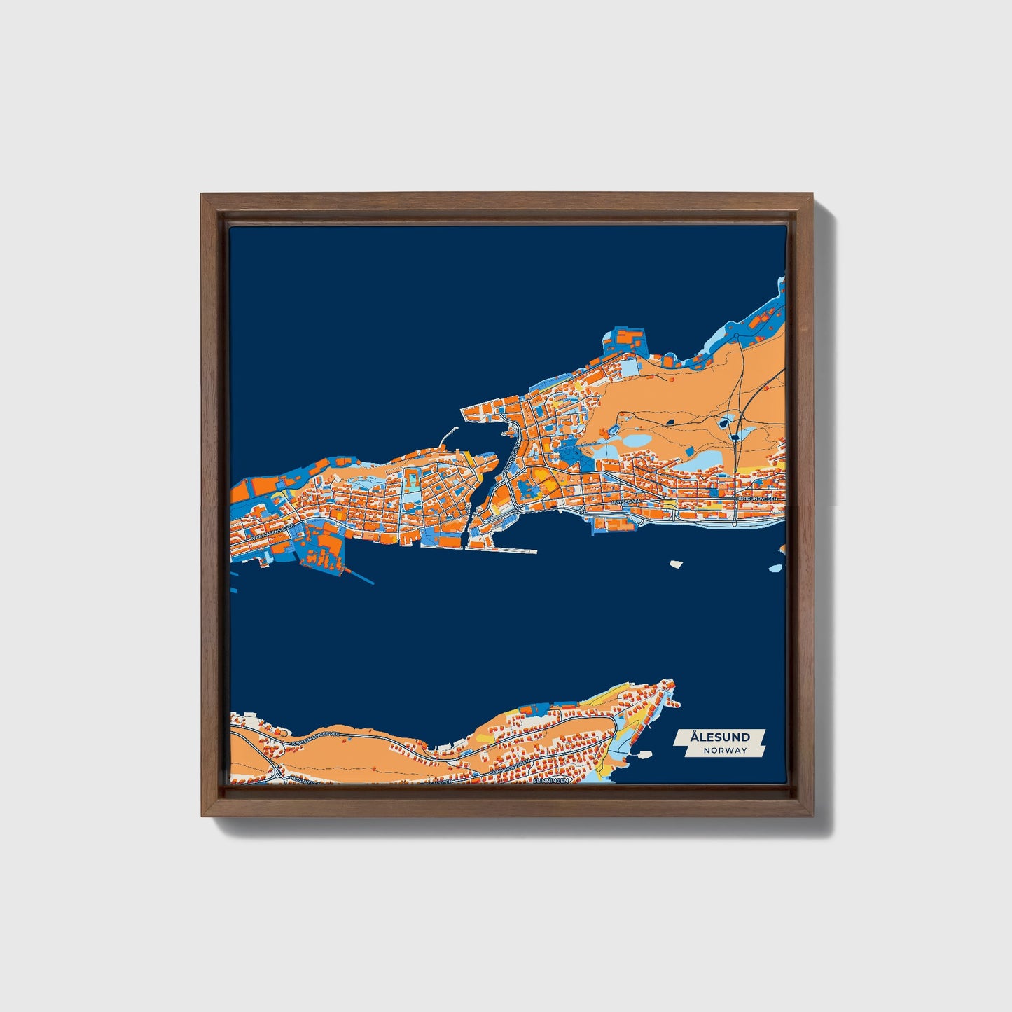 Ålesund Norway Colorful City Map Canvas Print • Dark Wooden Framed