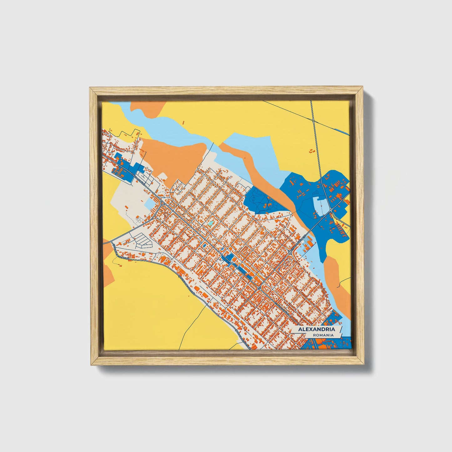 Alexandria Romania Colorful City Map Canvas Print • Natural Wooden Framed