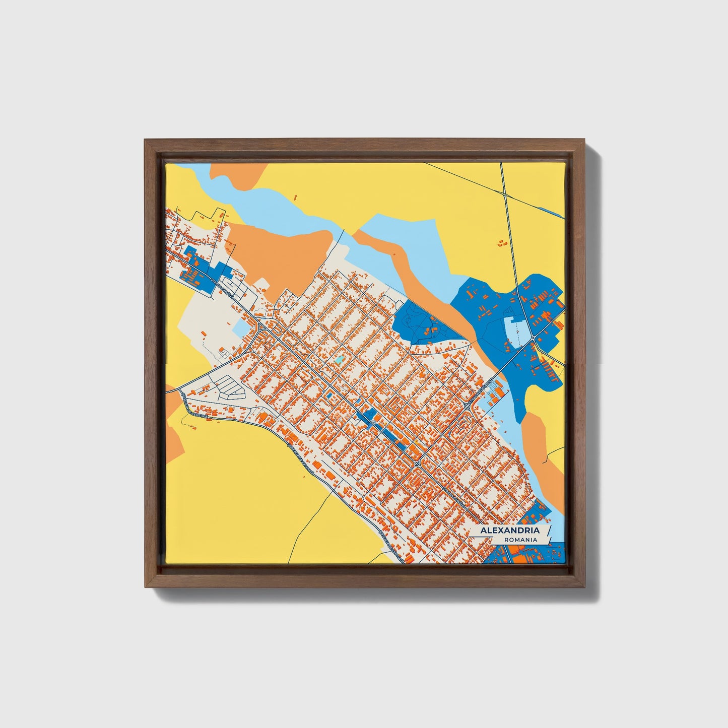 Alexandria Romania Colorful City Map Canvas Print • Dark Wooden Framed