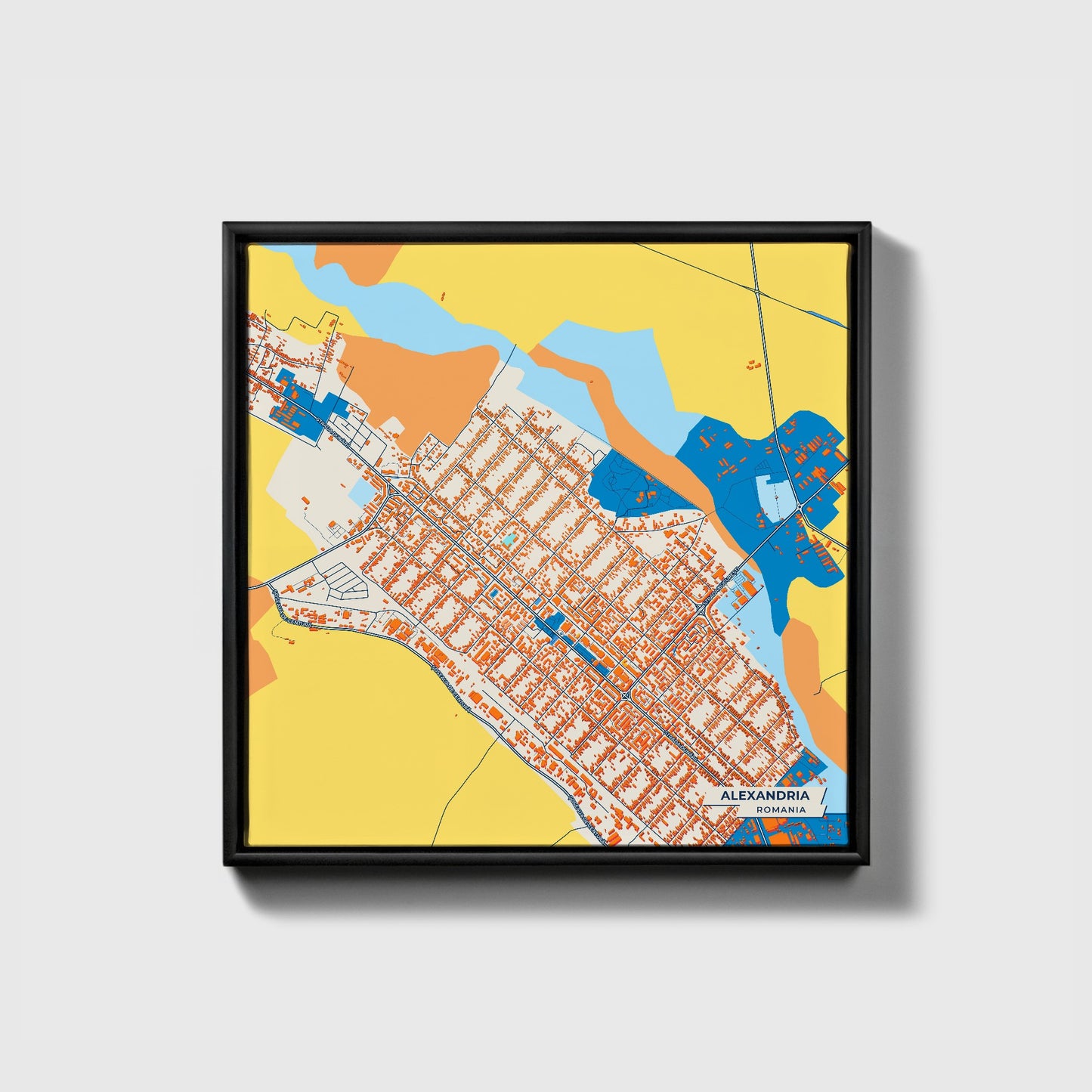 Alexandria Romania Colorful City Map Canvas Print • Black Framed