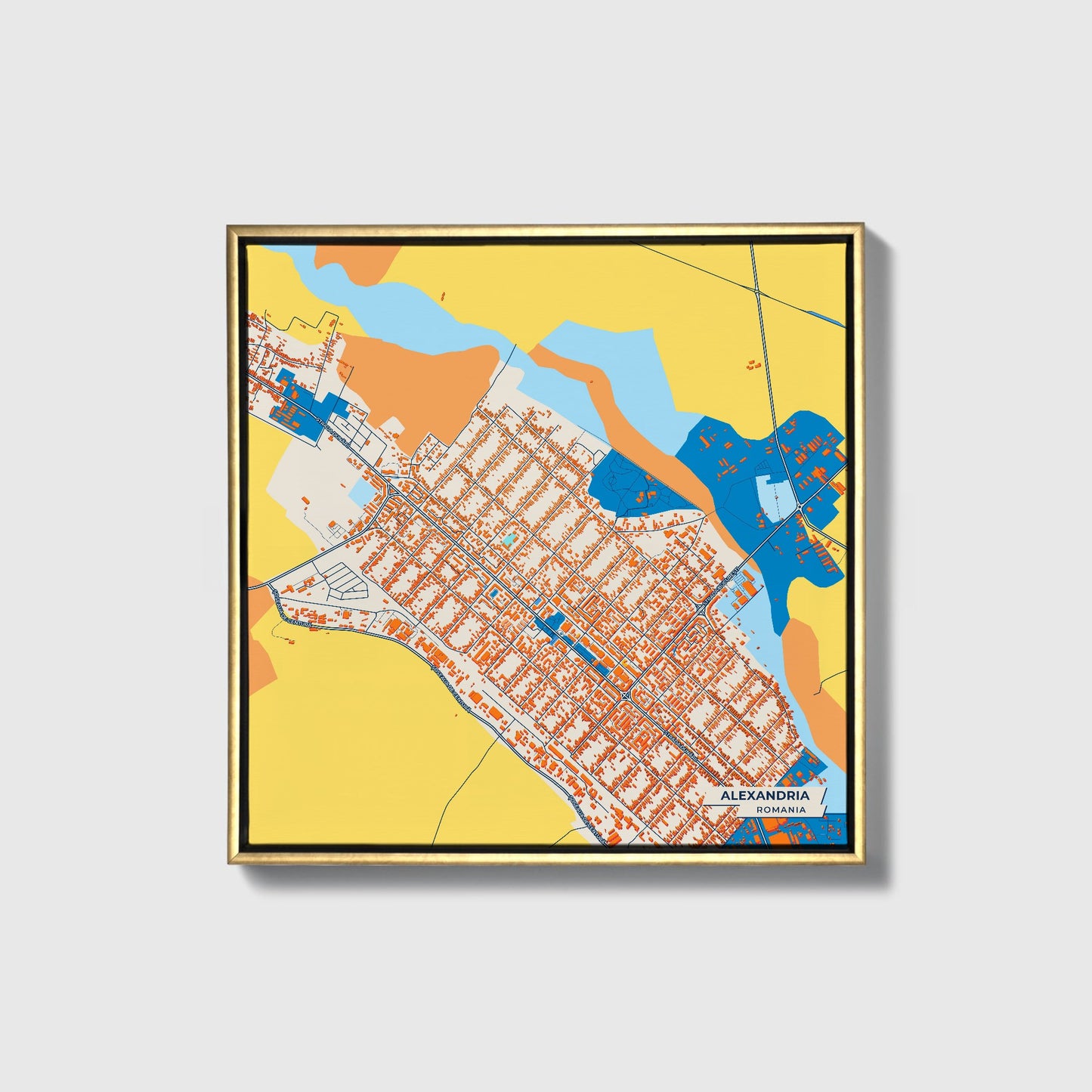 Alexandria Romania Colorful City Map Canvas Print • Gold Framed
