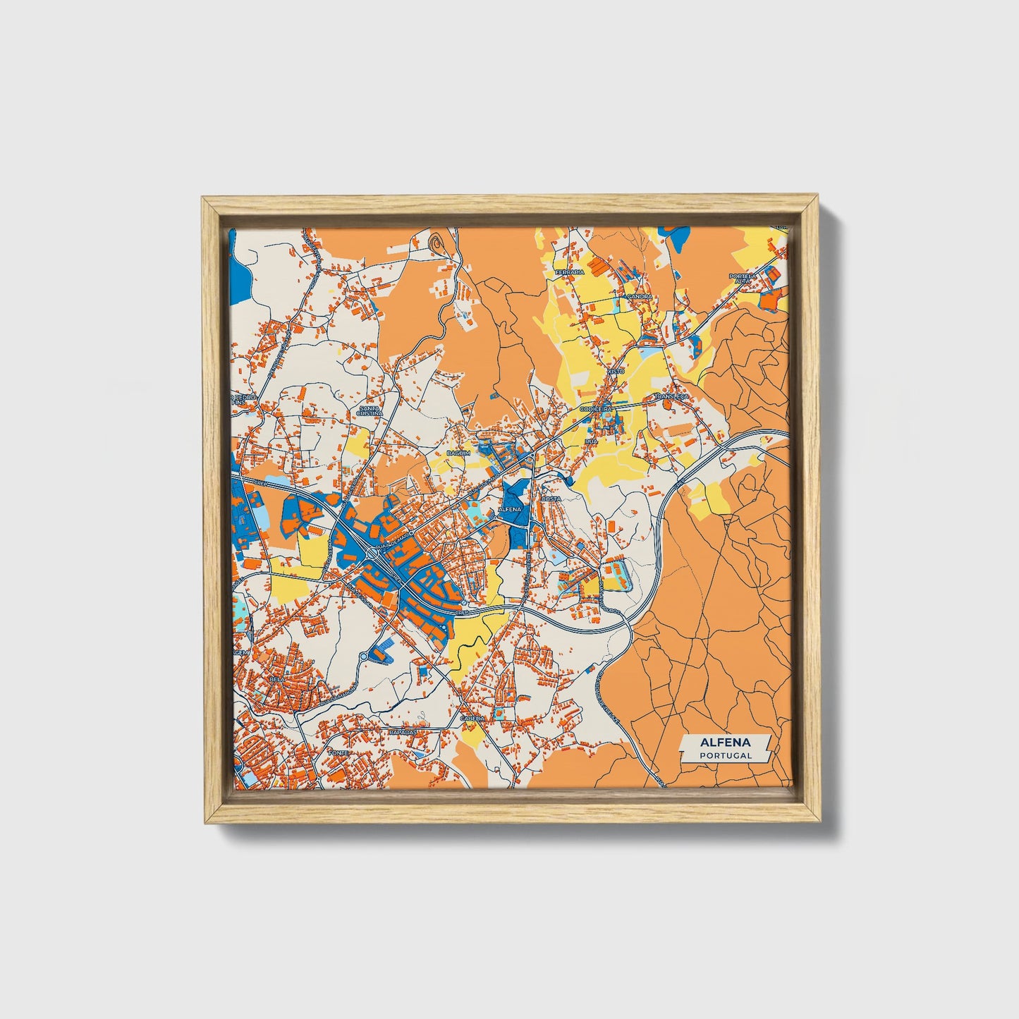 Alfena Portugal Colorful City Map Canvas Print • Natural Wooden Framed