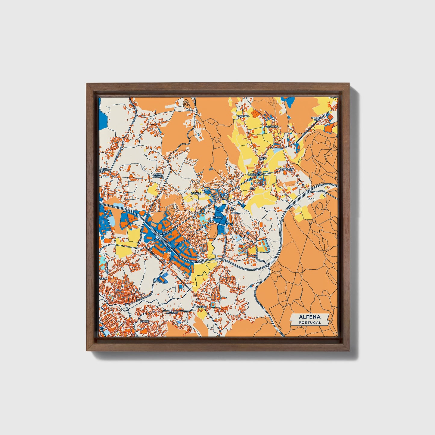 Alfena Portugal Colorful City Map Canvas Print • Dark Wooden Framed