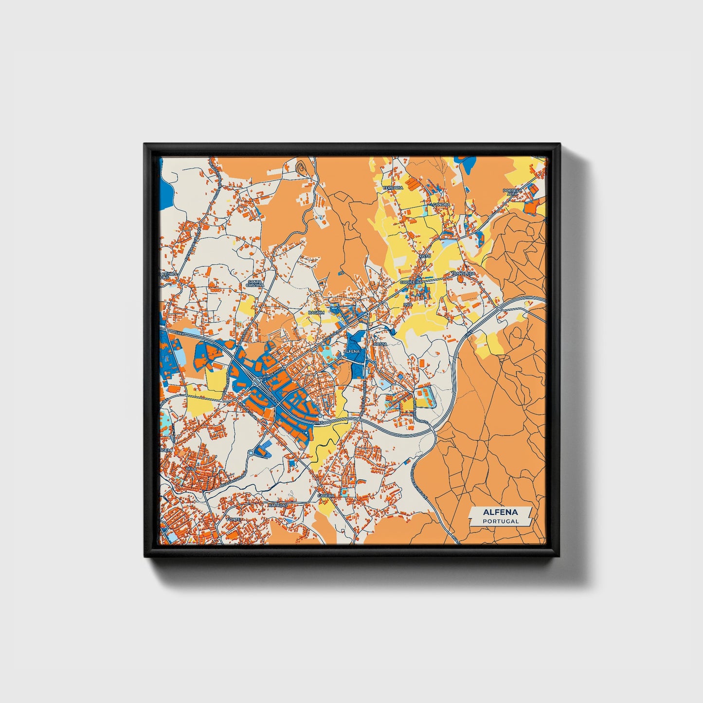 Alfena Portugal Colorful City Map Canvas Print • Black Framed