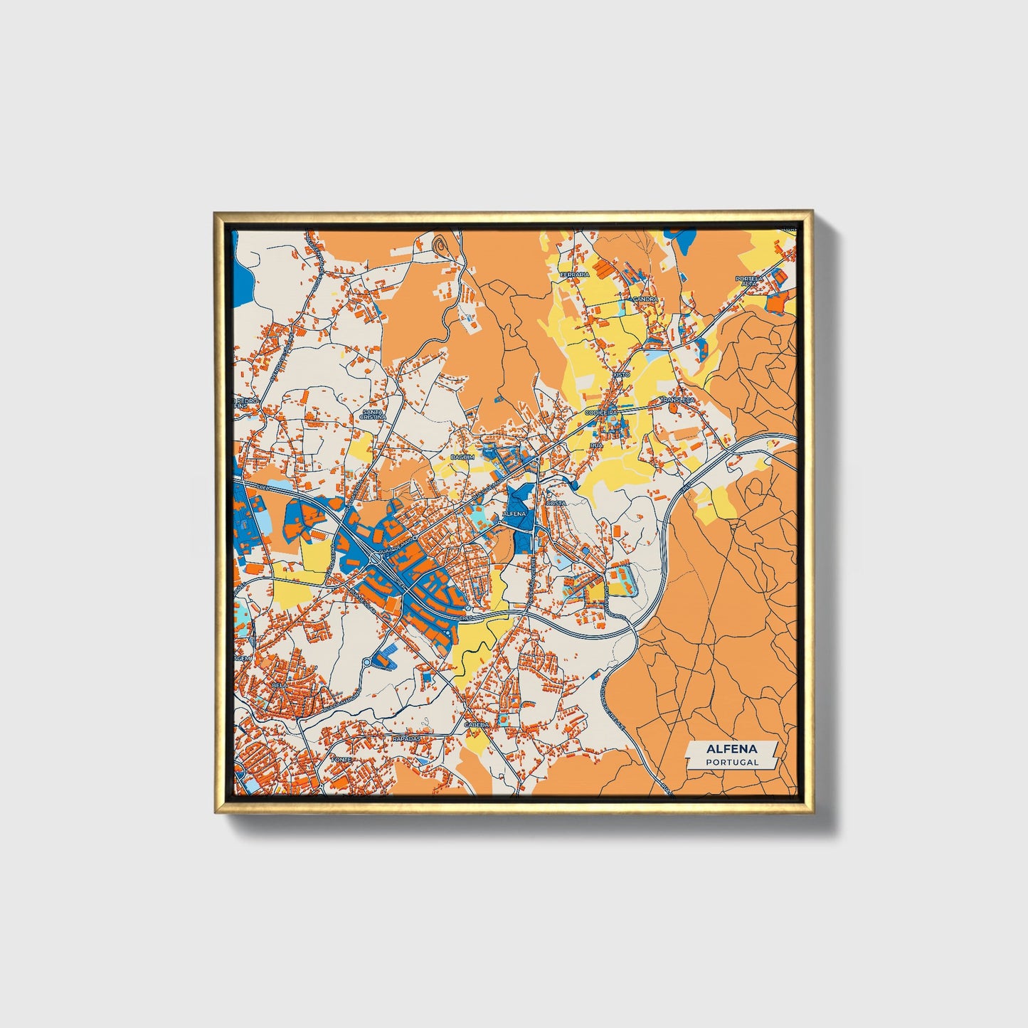 Alfena Portugal Colorful City Map Canvas Print • Gold Framed