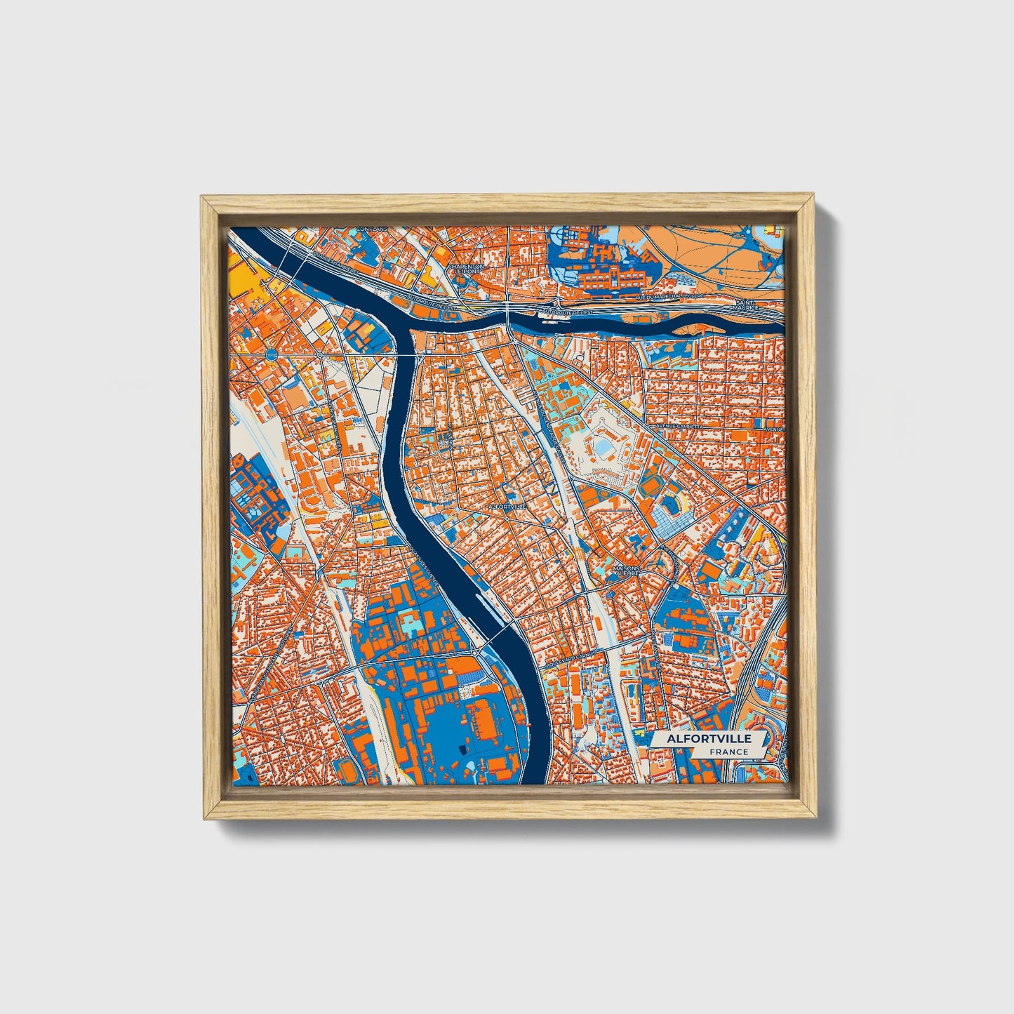 Alfortville France Colorful City Map Canvas Print • Natural Wooden Framed
