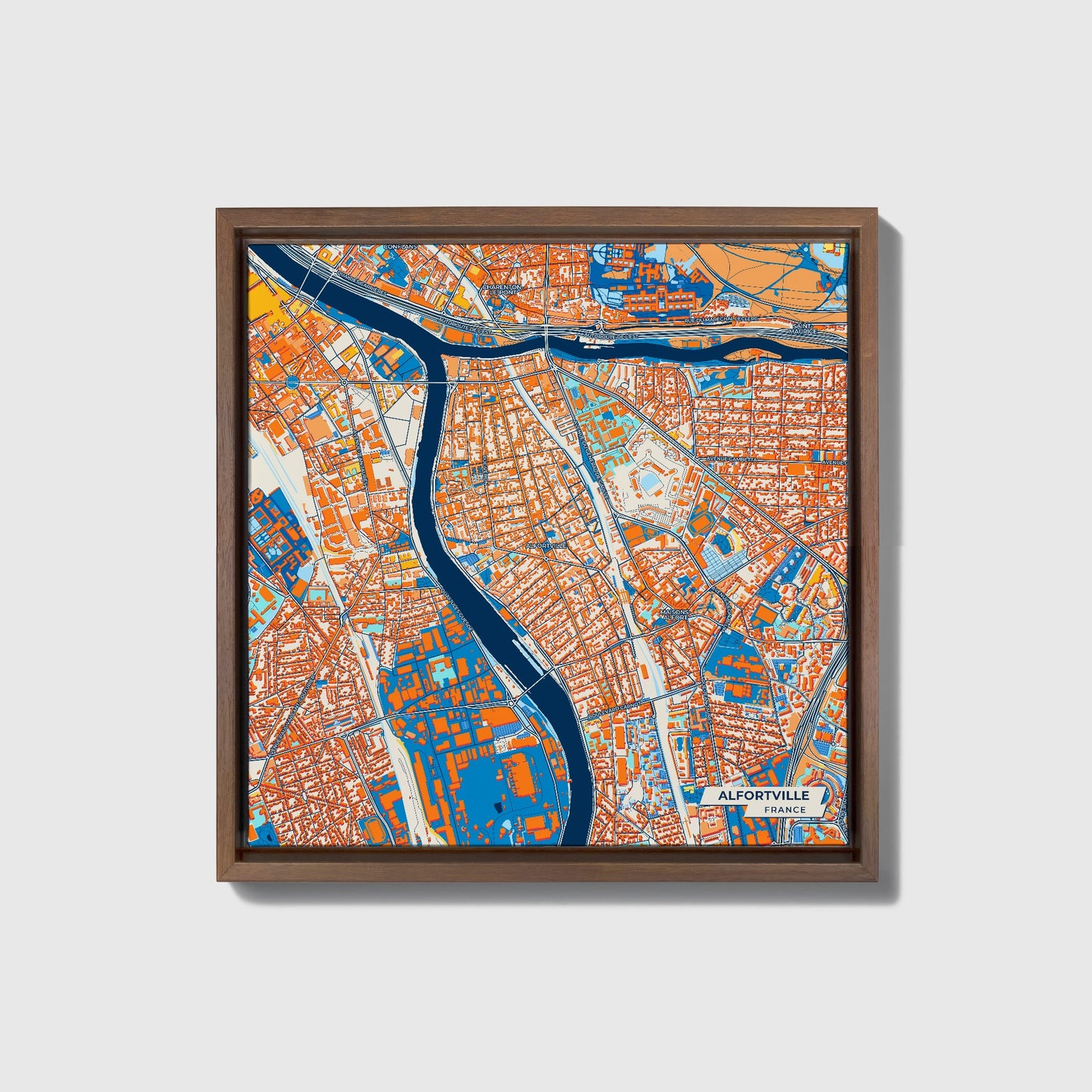 Alfortville France Colorful City Map Canvas Print • Dark Wooden Framed