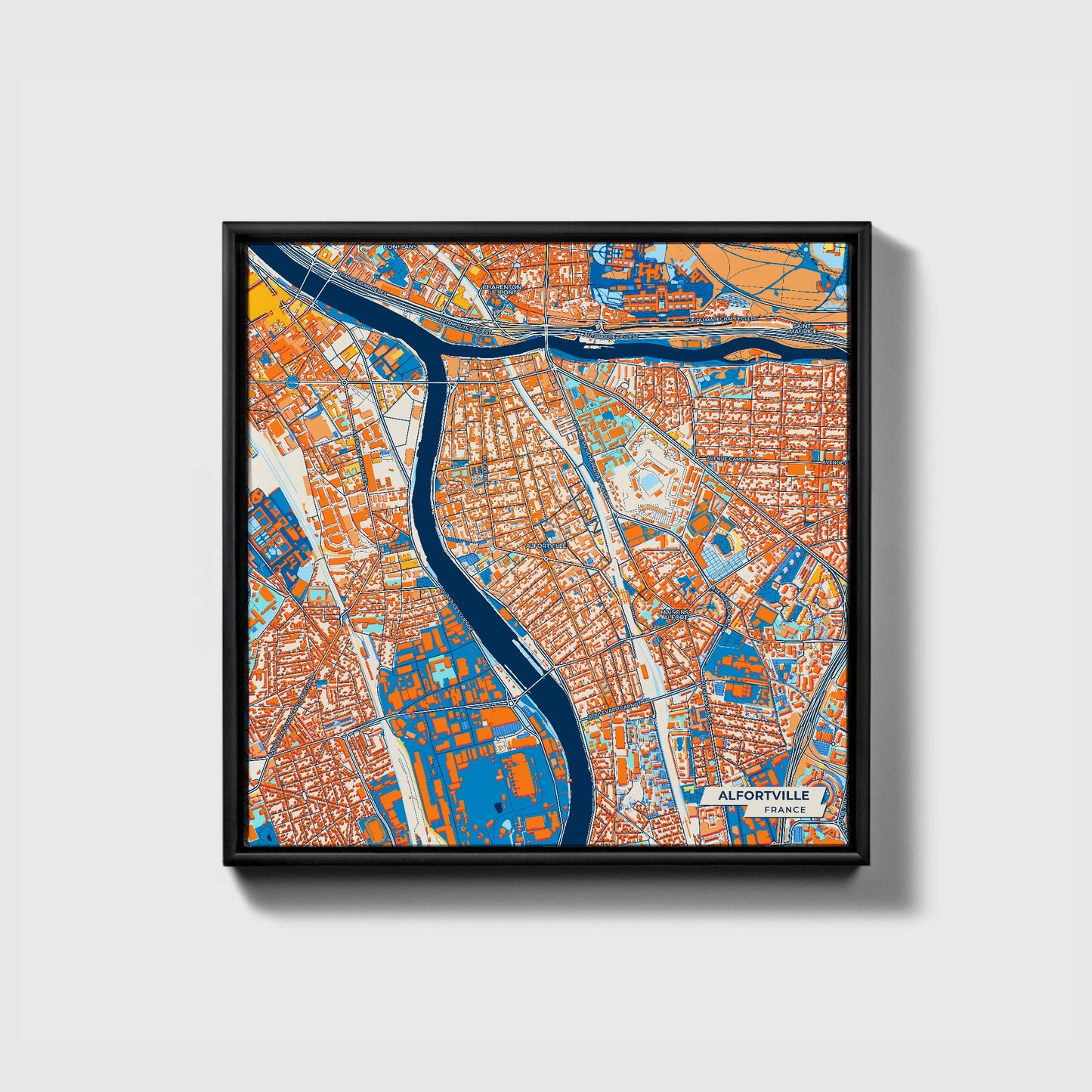 Alfortville France Colorful City Map Canvas Print • Black Framed