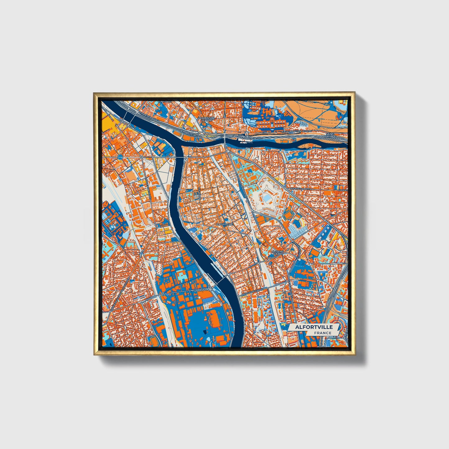 Alfortville France Colorful City Map Canvas Print • Gold Framed