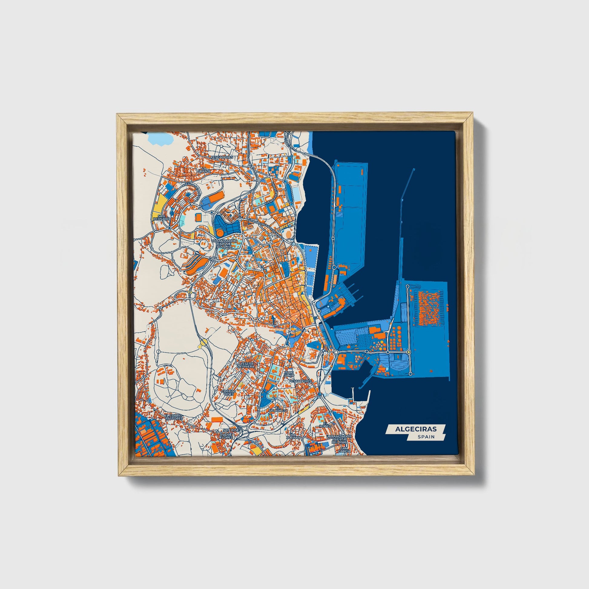 Algeciras Spain Colorful City Map Canvas Print • Natural Wooden Framed