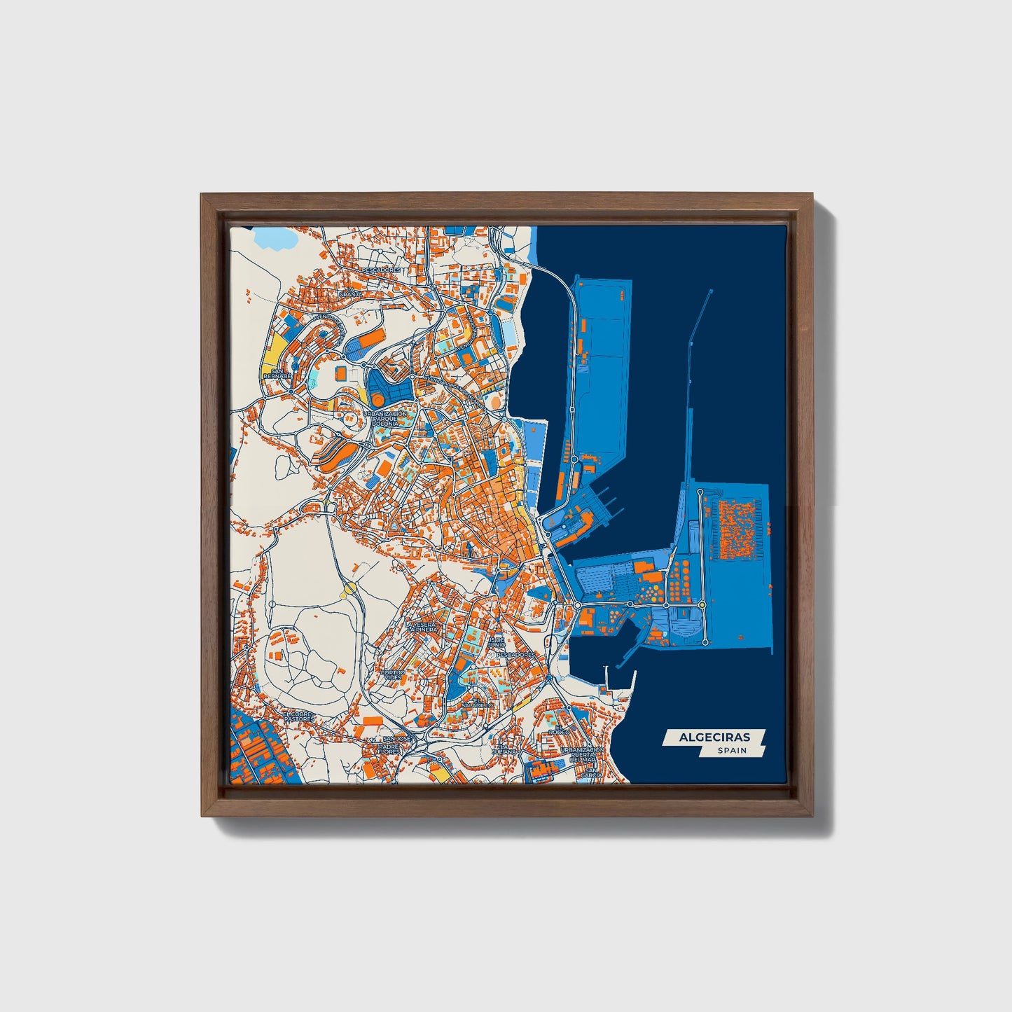 Algeciras Spain Colorful City Map Canvas Print • Dark Wooden Framed