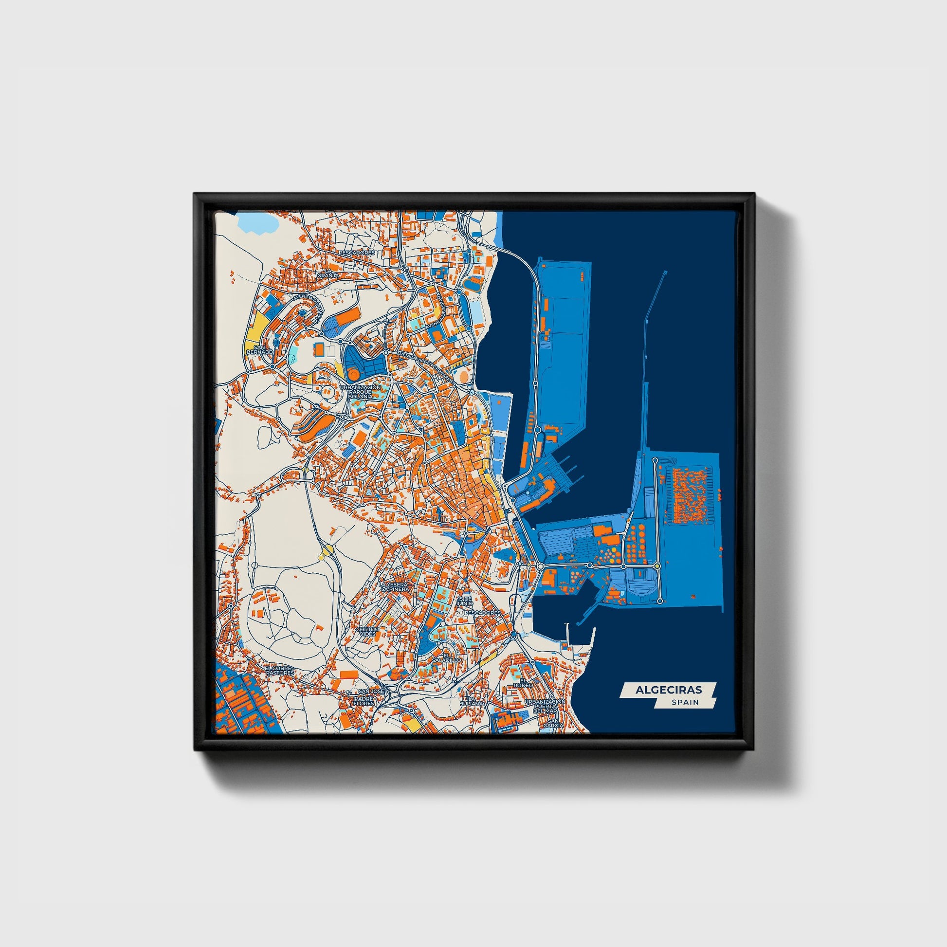 Algeciras Spain Colorful City Map Canvas Print • Black Framed