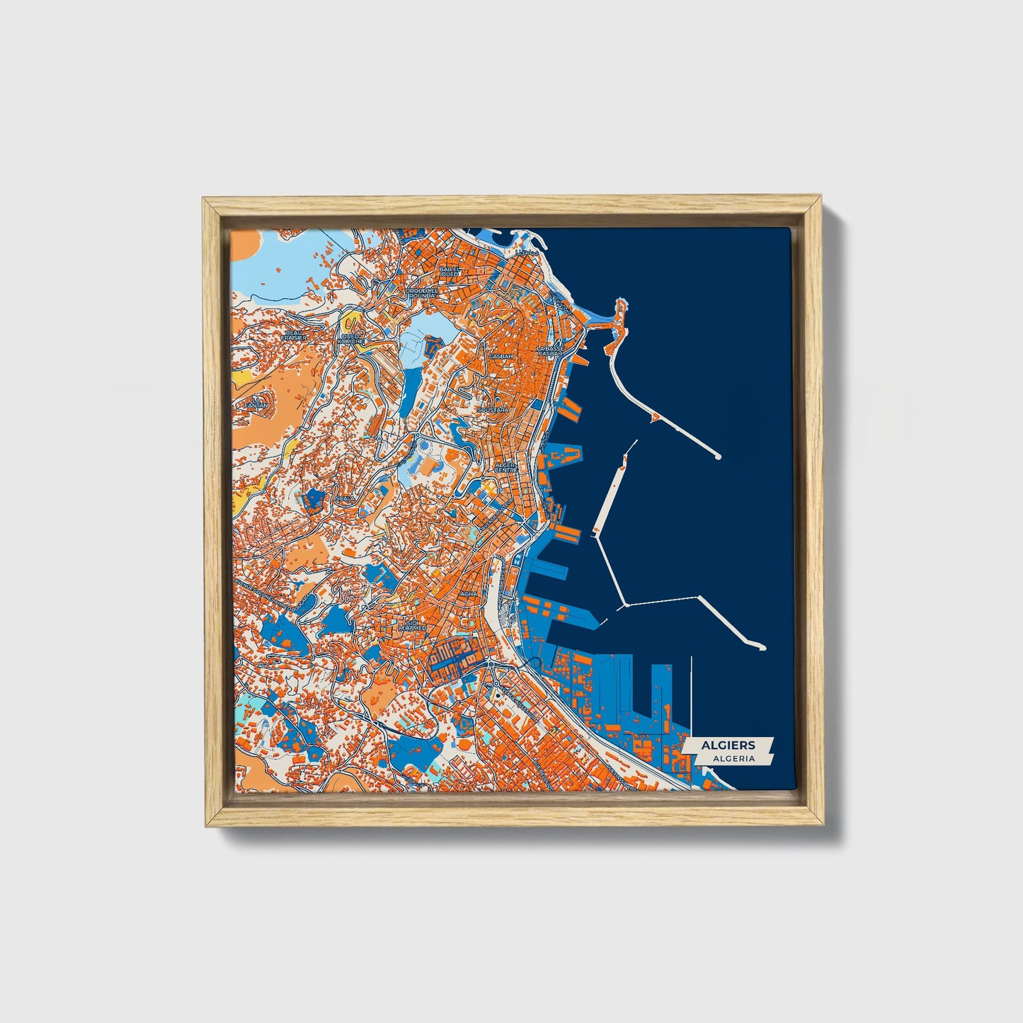 Algiers Algeria Colorful City Map Canvas Print • Natural Wooden Framed