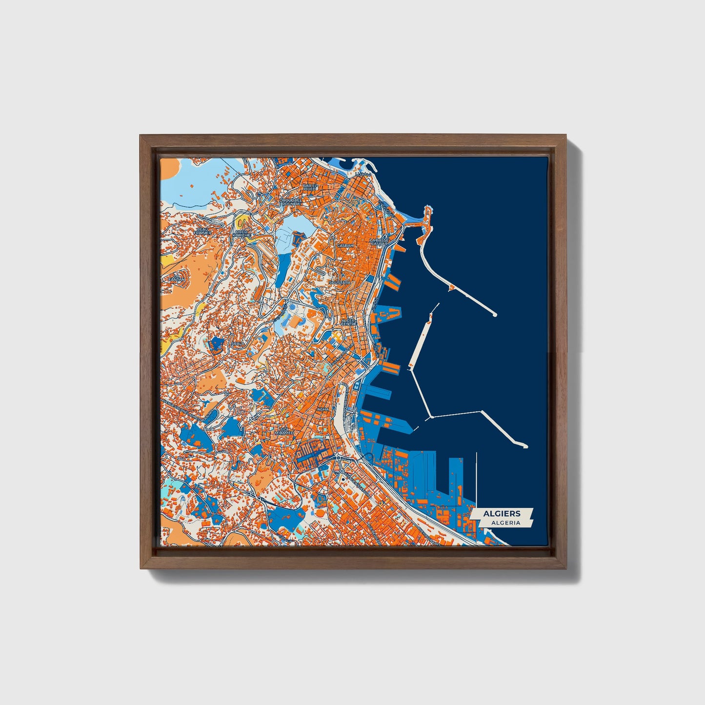 Algiers Algeria Colorful City Map Canvas Print • Dark Wooden Framed