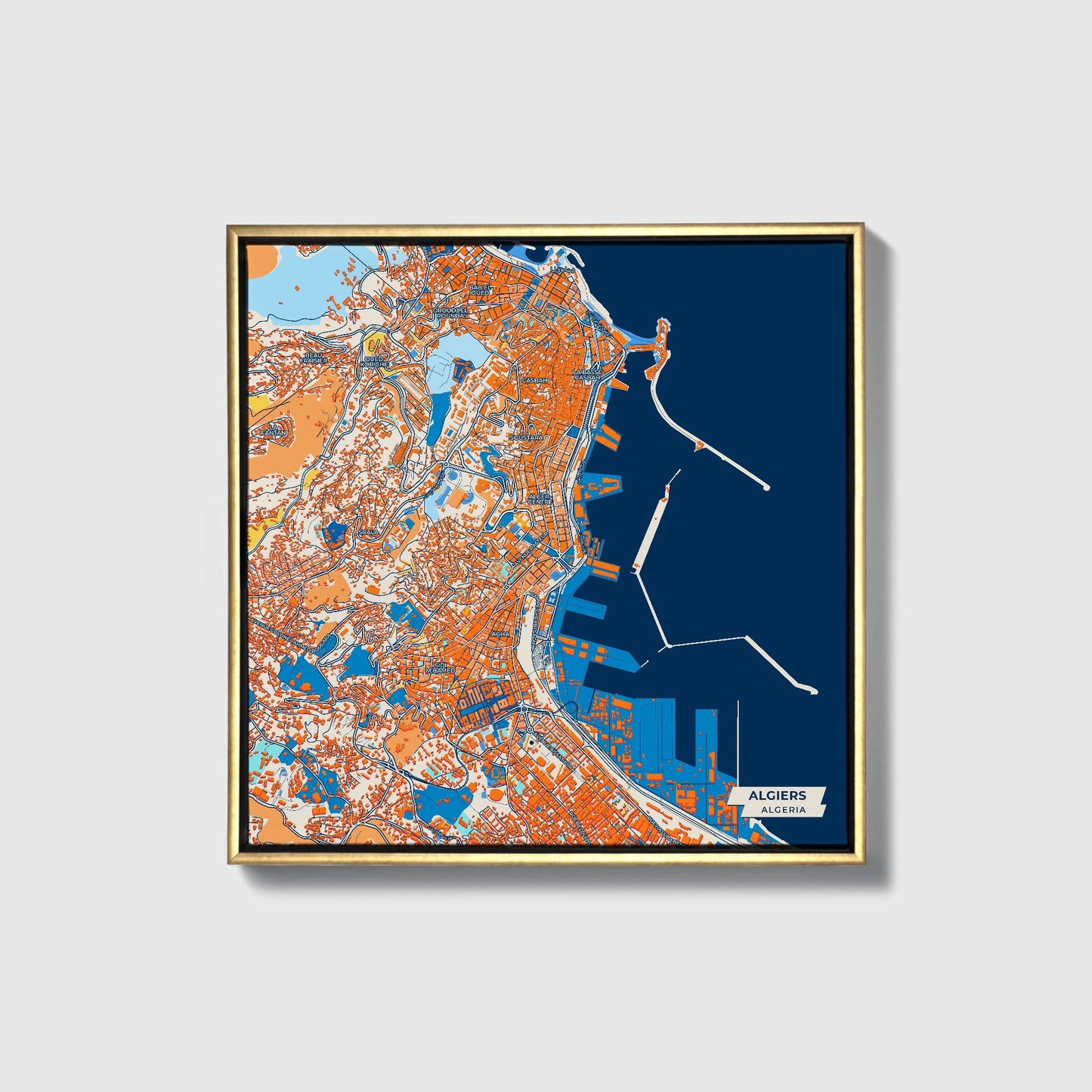 Algiers Algeria Colorful City Map Canvas Print • Gold Framed