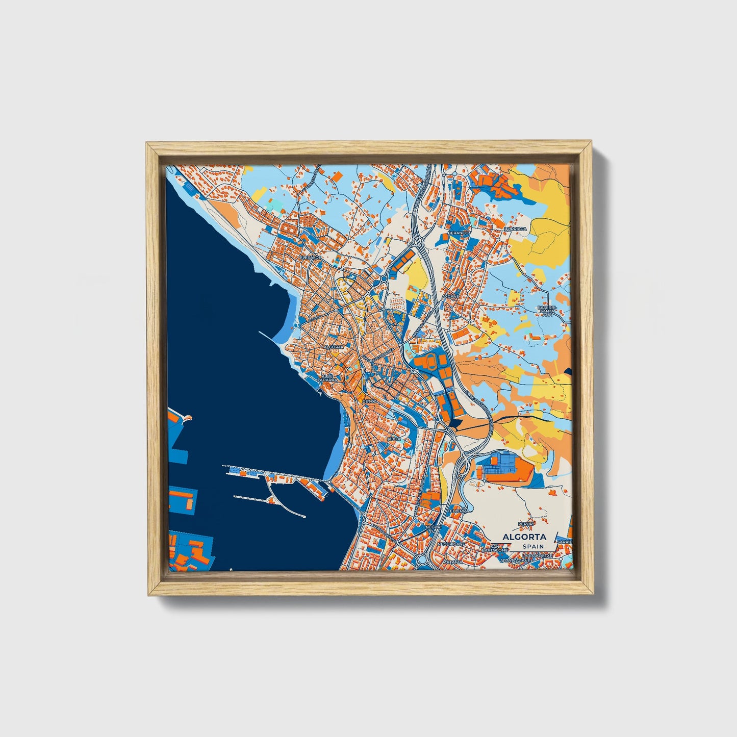 Algorta Spain Colorful City Map Canvas Print • Natural Wooden Framed
