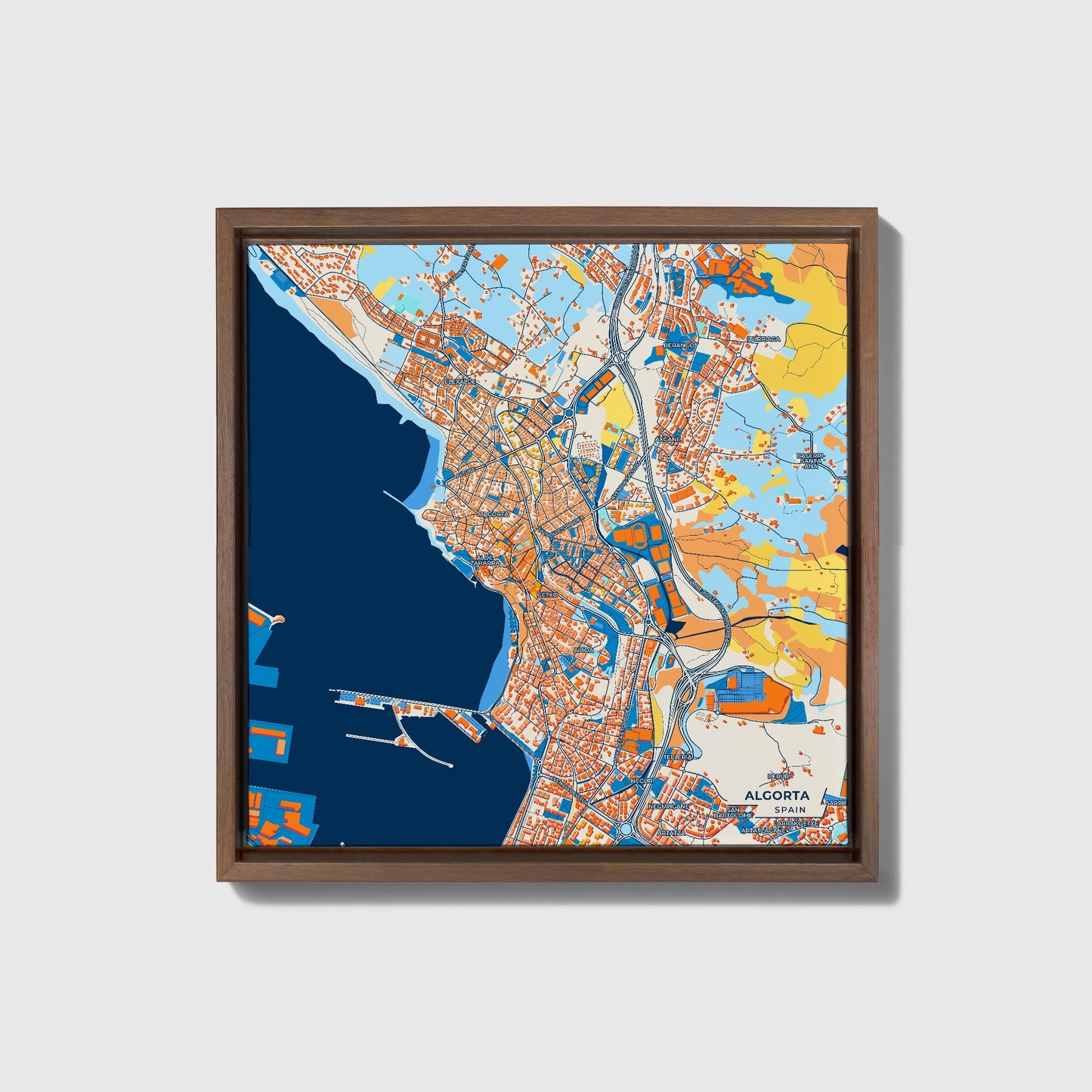 Algorta Spain Colorful City Map Canvas Print • Dark Wooden Framed