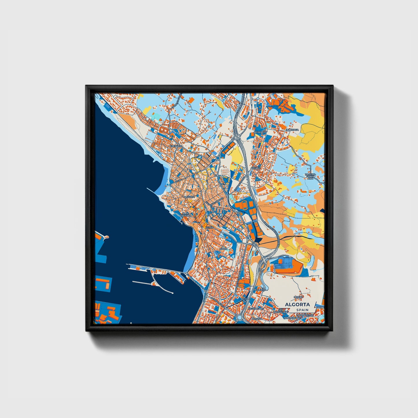 Algorta Spain Colorful City Map Canvas Print • Black Framed