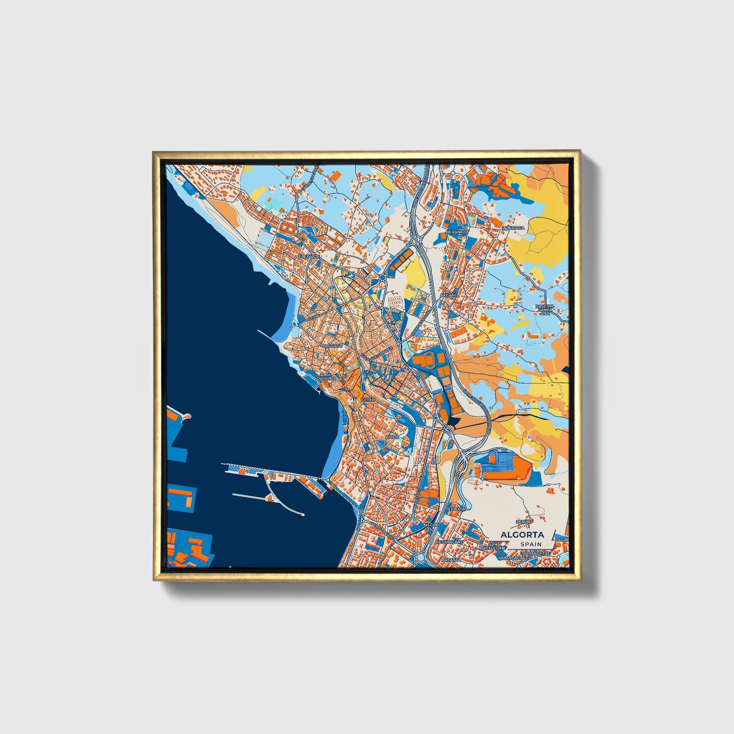 Algorta Spain Colorful City Map Canvas Print • Gold Framed