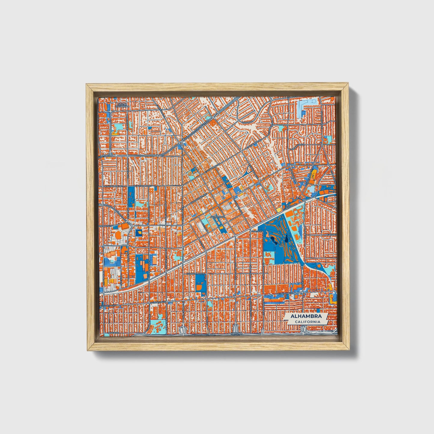 Alhambra California Colorful City Map Canvas Print • Natural Wooden Framed