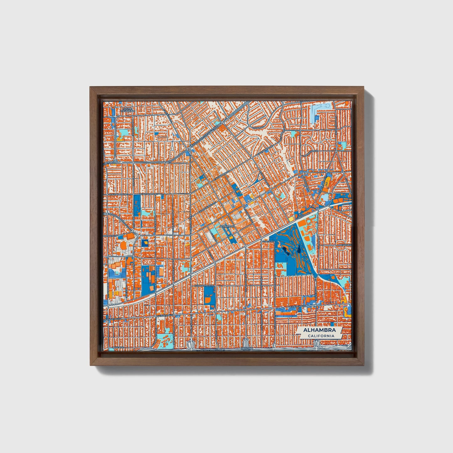 Alhambra California Colorful City Map Canvas Print • Dark Wooden Framed