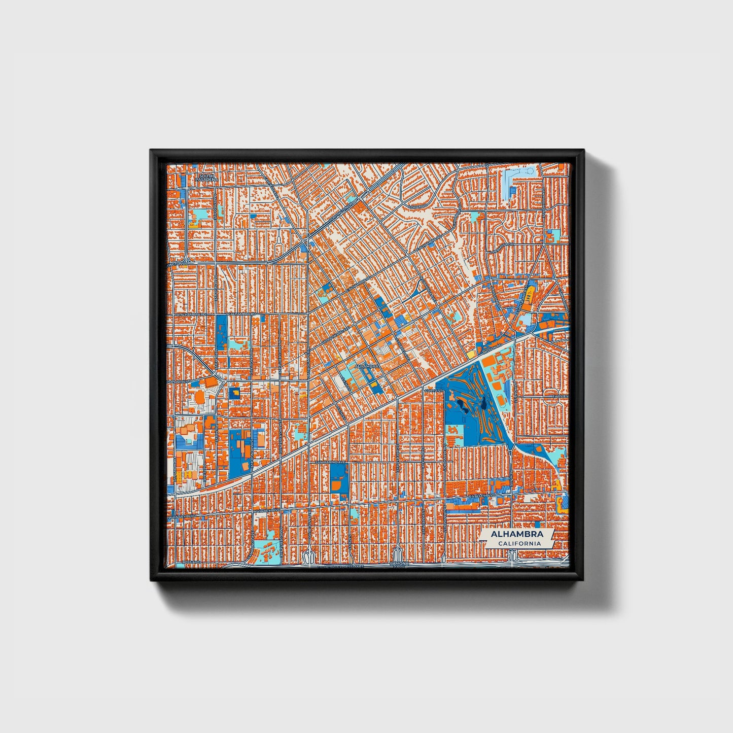 Alhambra California Colorful City Map Canvas Print • Black Framed