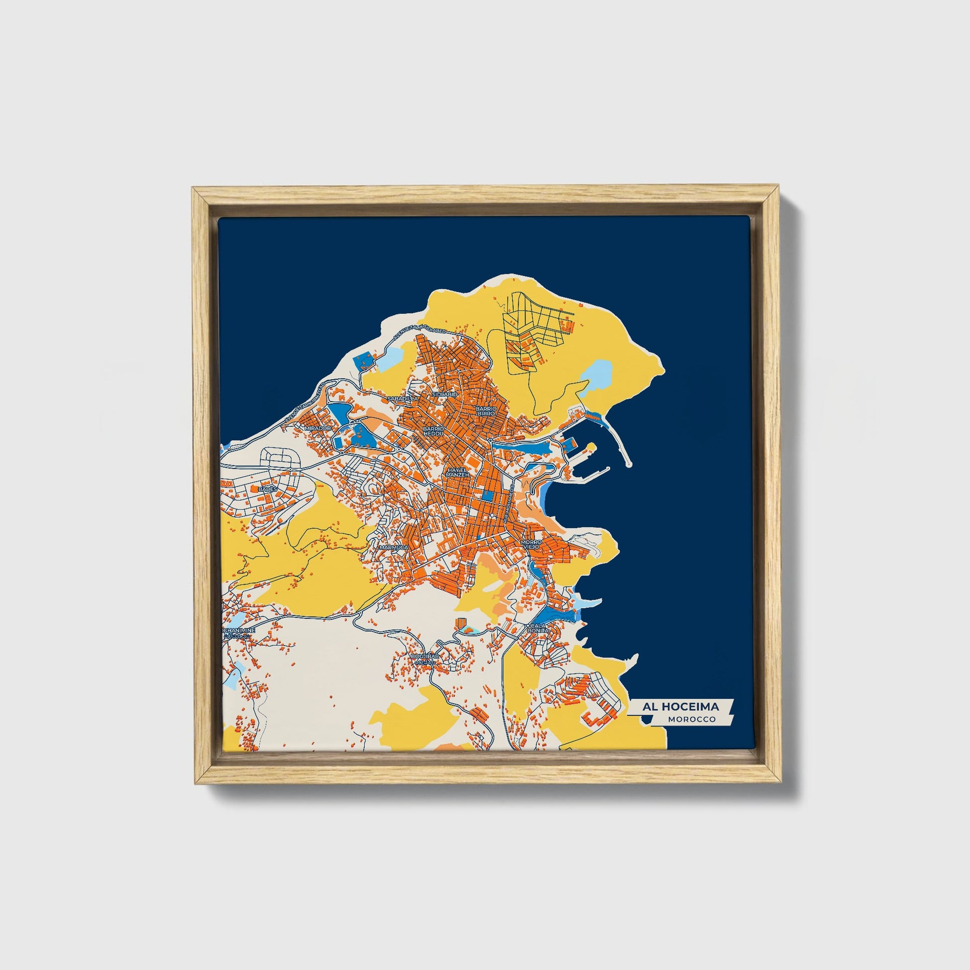 Al Hoceima Morocco Colorful City Map Canvas Print • Natural Wooden Framed