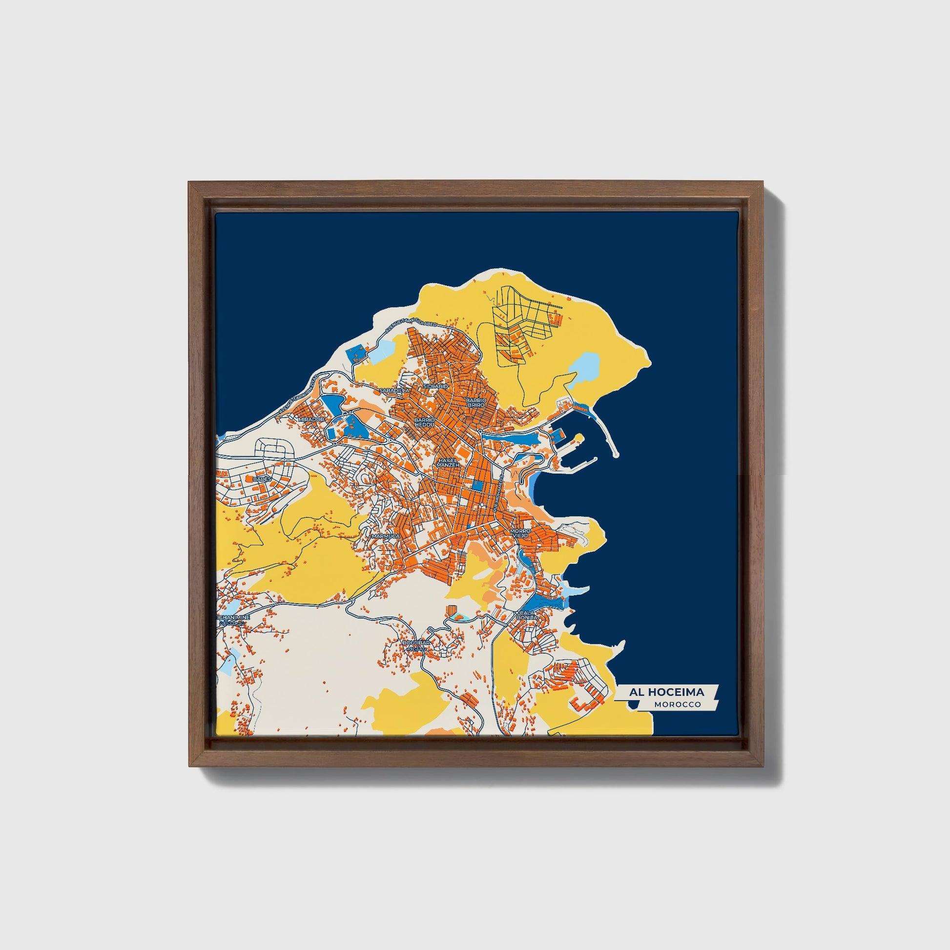 Al Hoceima Morocco Colorful City Map Canvas Print • Dark Wooden Framed