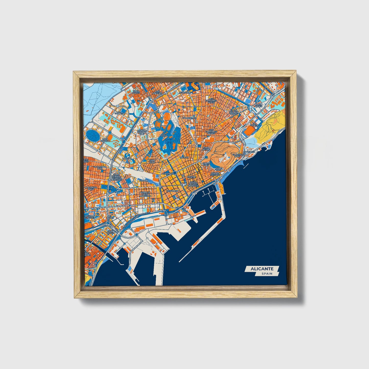 Alicante Spain Colorful City Map Canvas Print • Natural Wooden Framed